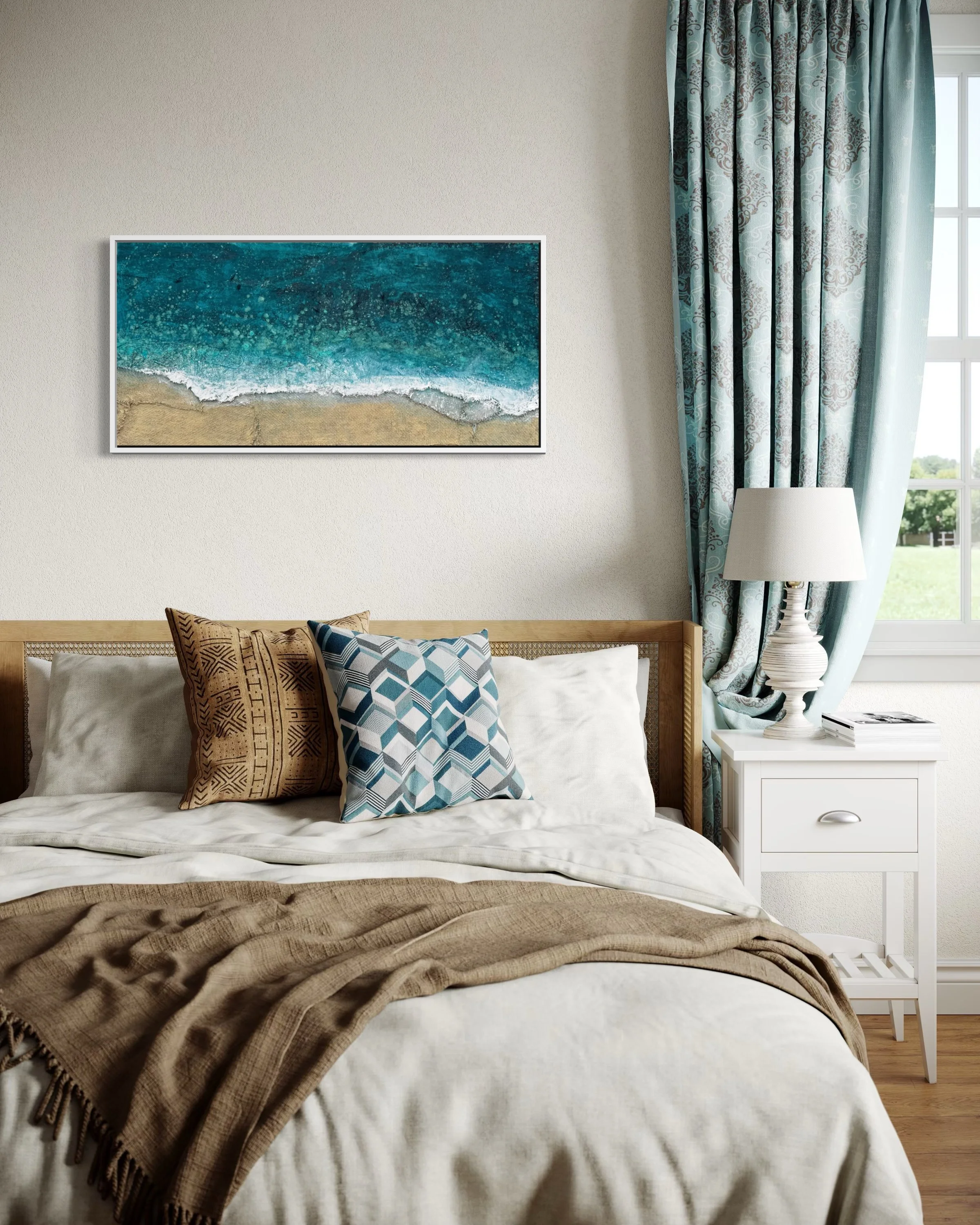 Inbetween Hours original textured painting shown in a bedroom above the bed.