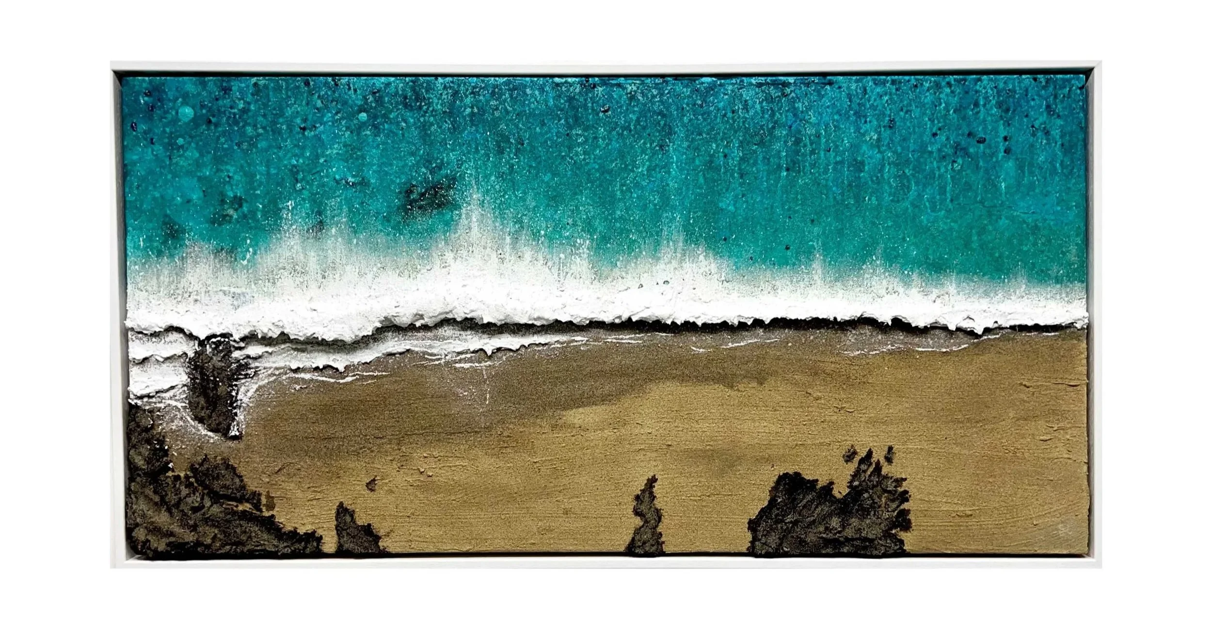 Textured beach painting of Mother Ivey's Bay near Padstow in Cornwall showing breaking wave onto the shoreline