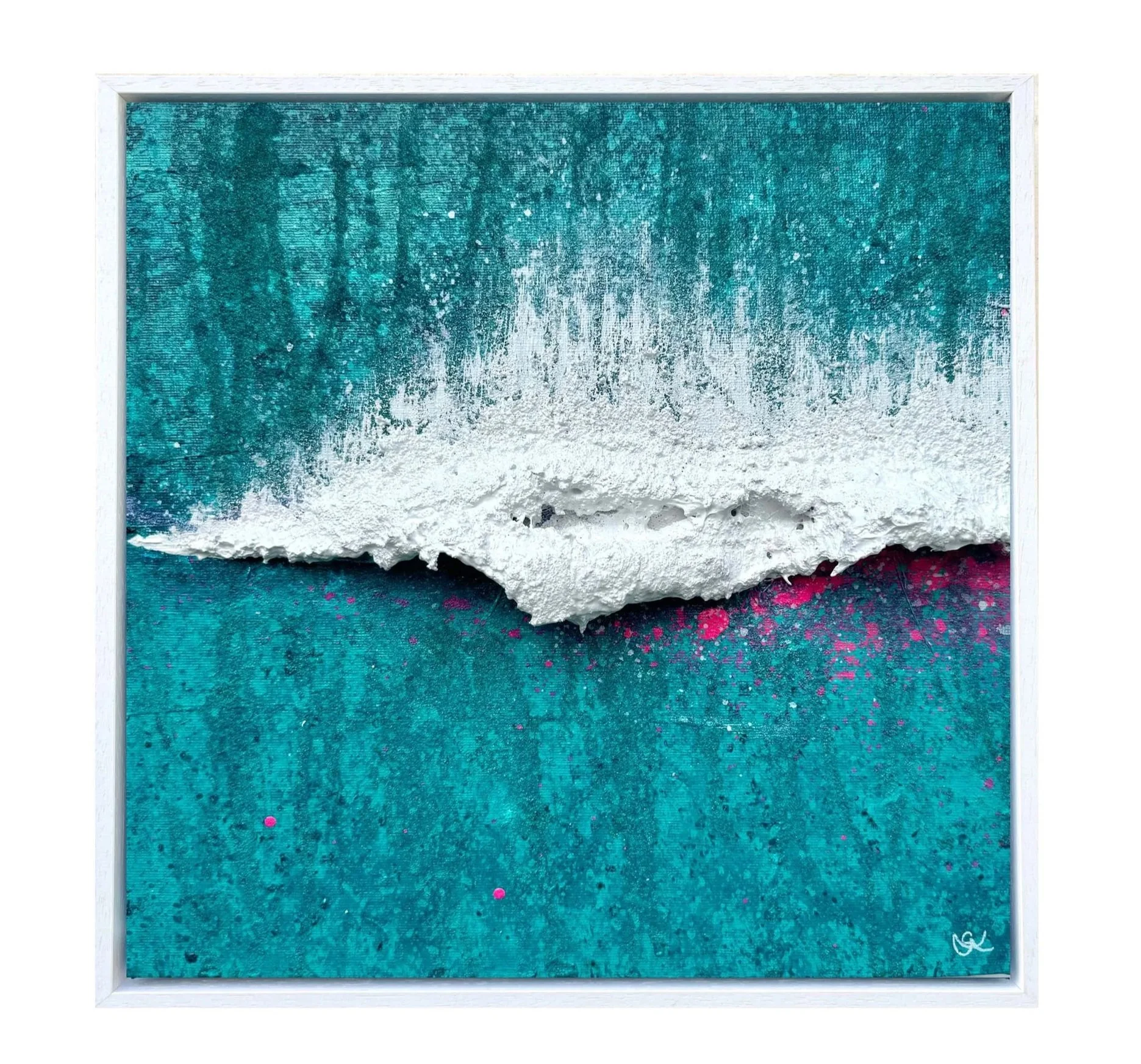 Textured wave painting of Porthleven in Cornwall, with contrasting pink seaspray detail by Cornish Artist Gemma Lessinger
