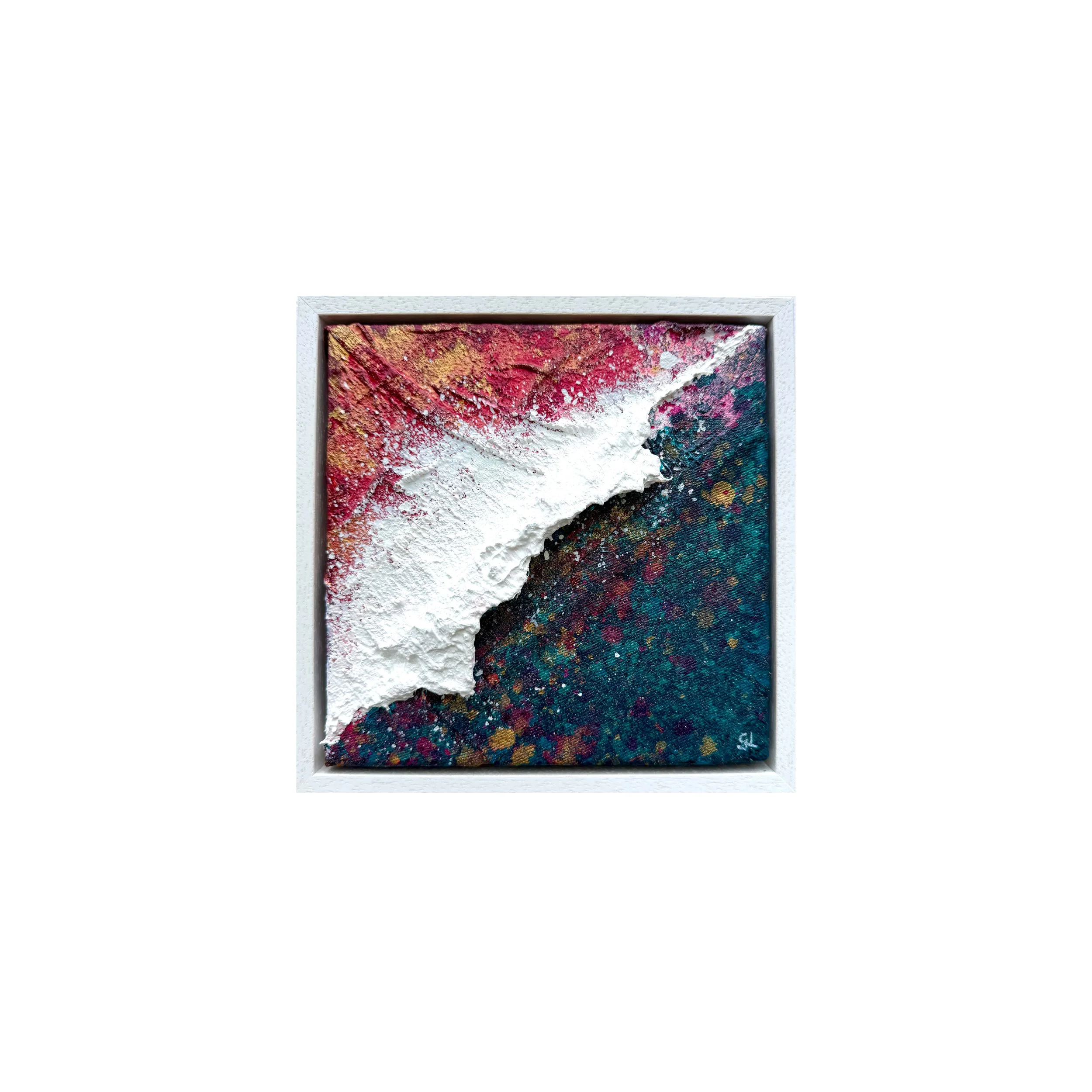 Crantock Sunset, a small original textured sunset seascape painting of Crantock Beach, Cornwall, by Gemma Lessinger In situ: Crantock Sunset painting by Gemma Lessinger, framed in a white tray frame o