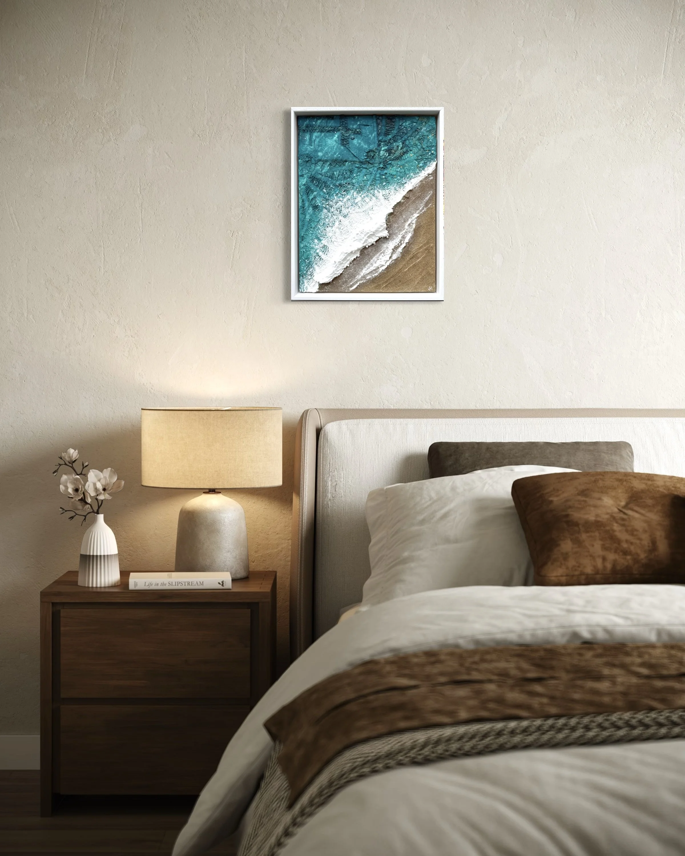 Woven in the Waves I Porthmeor painting by Gemma Lessinger, framed in a white tray frame on a wall