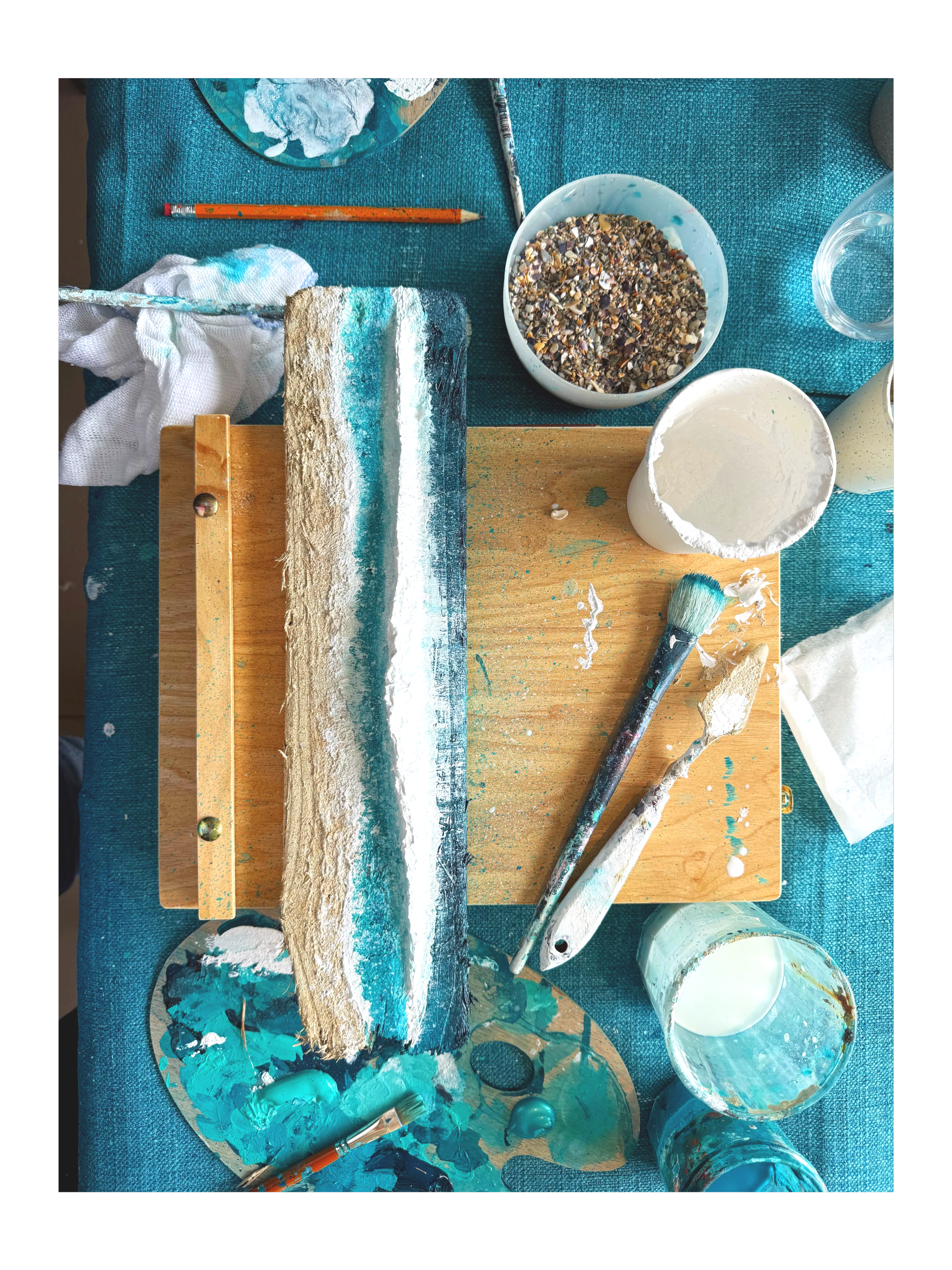 Example of textured seascape painting onto driftwood