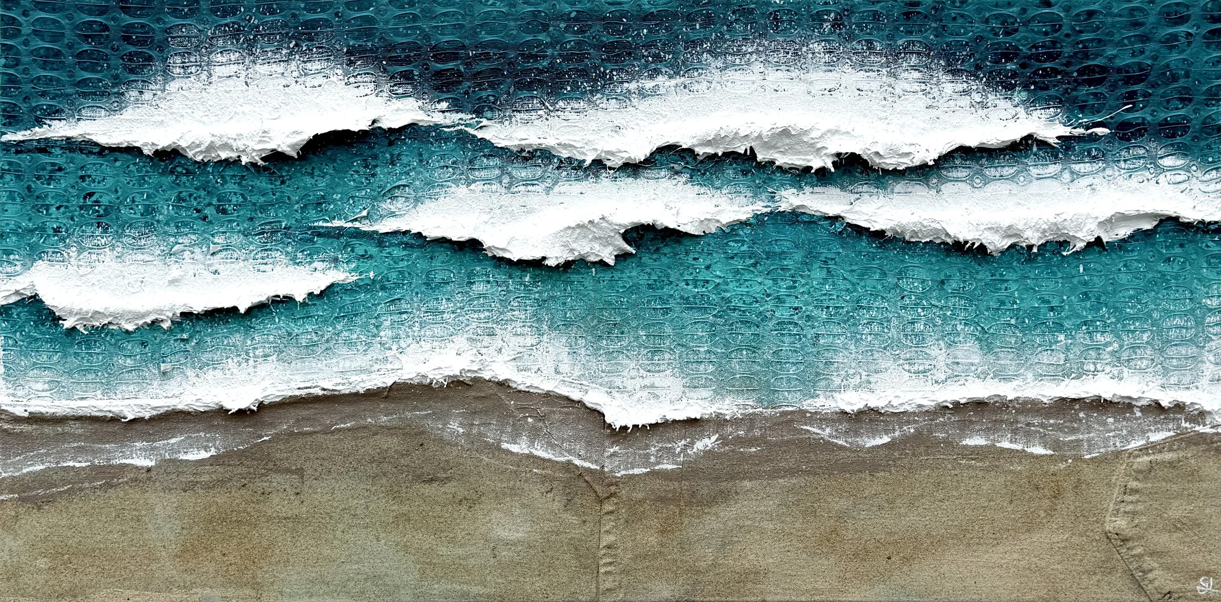 'Returning to gwynver' original textured seascape painting of Cornwall beach by Gemma Lessinger