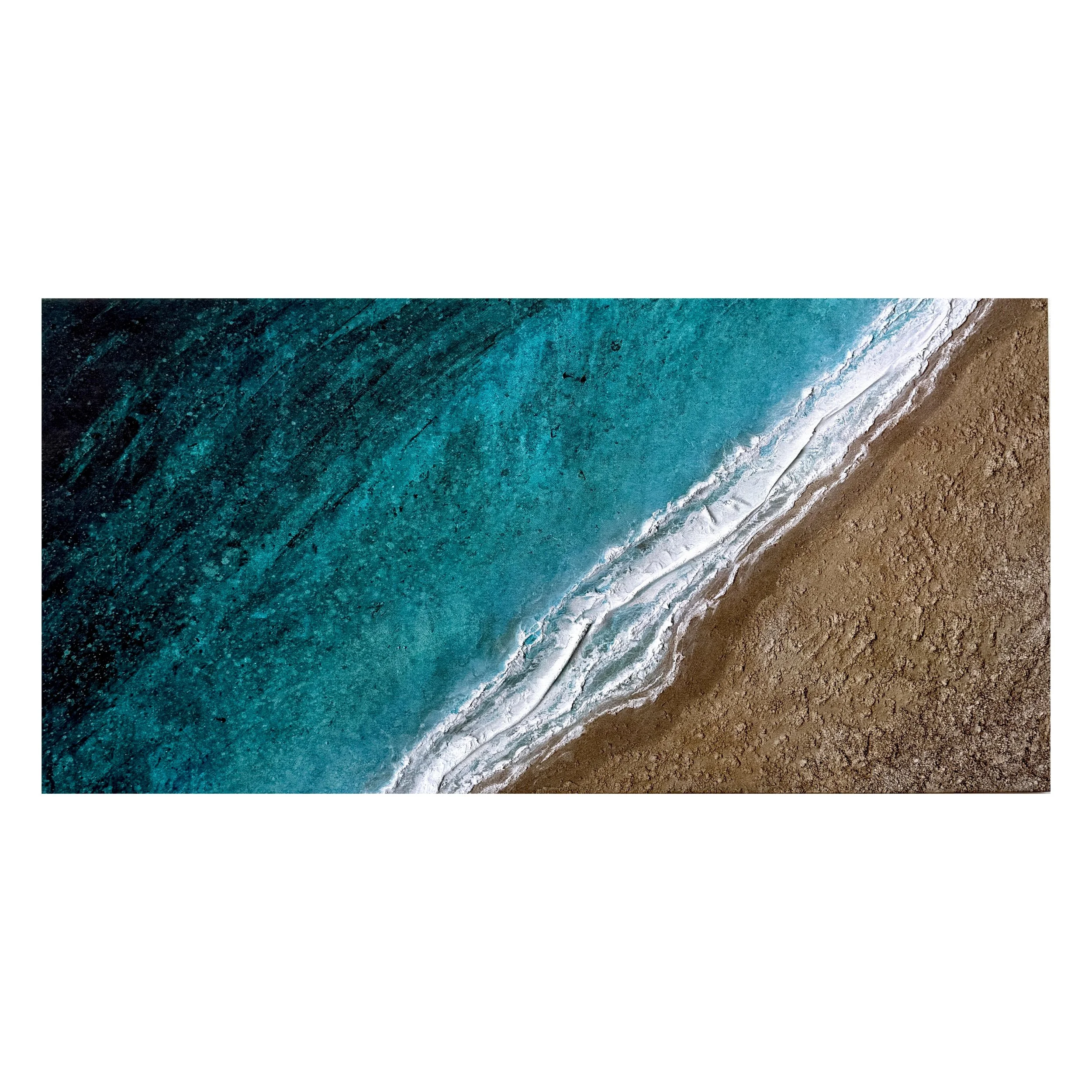 Moments on the Shoreline, panoramic aerial canvas print of turquoise sea, white foam and textured golden sand, by Cornish artist Gemma Lessinger