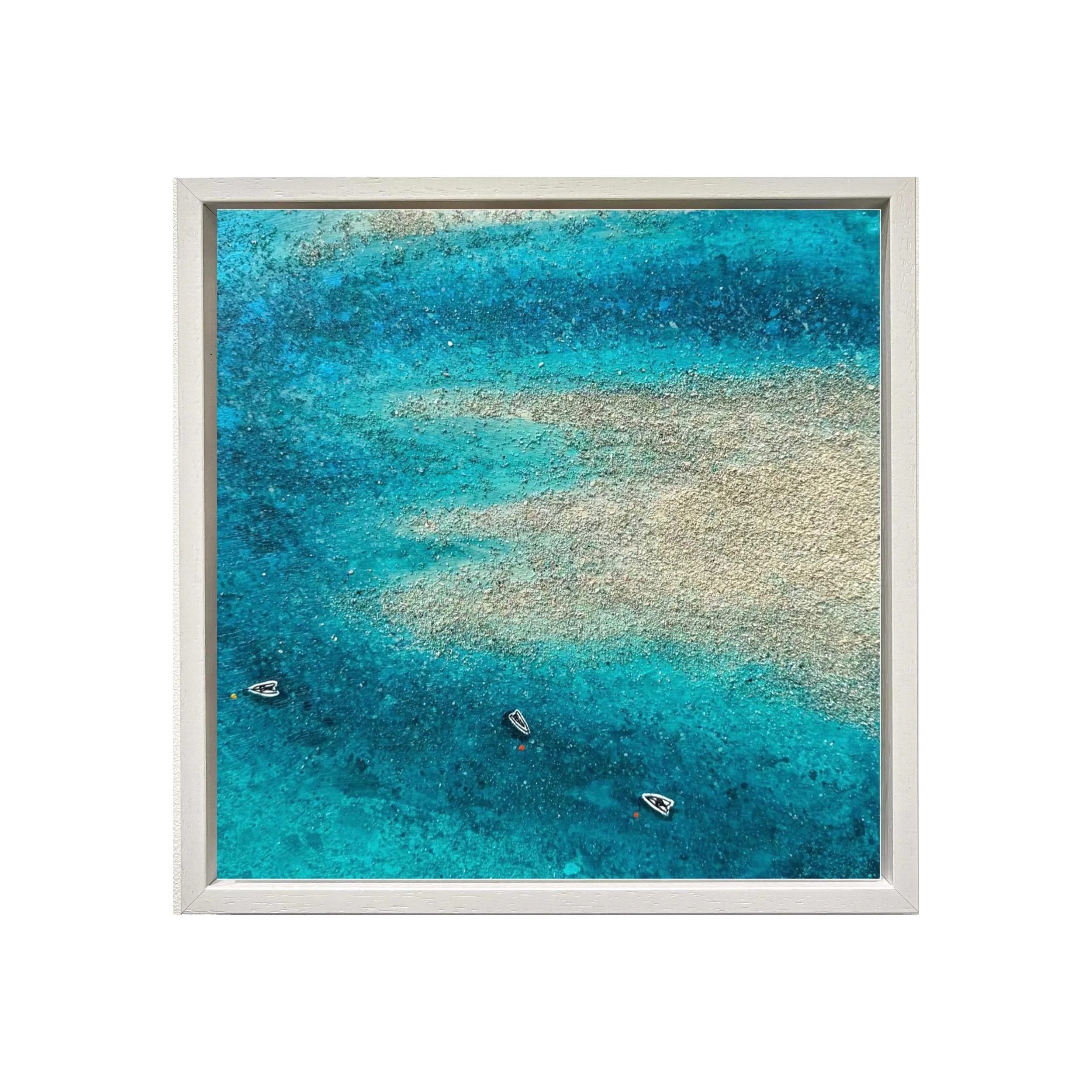 Estuary Views II original textured painting of the Camel Estuary between Padstow and Rock, Cornwall, showing turquoise water over a shallow sandbank and three moored boats, by Gemma Lessinger