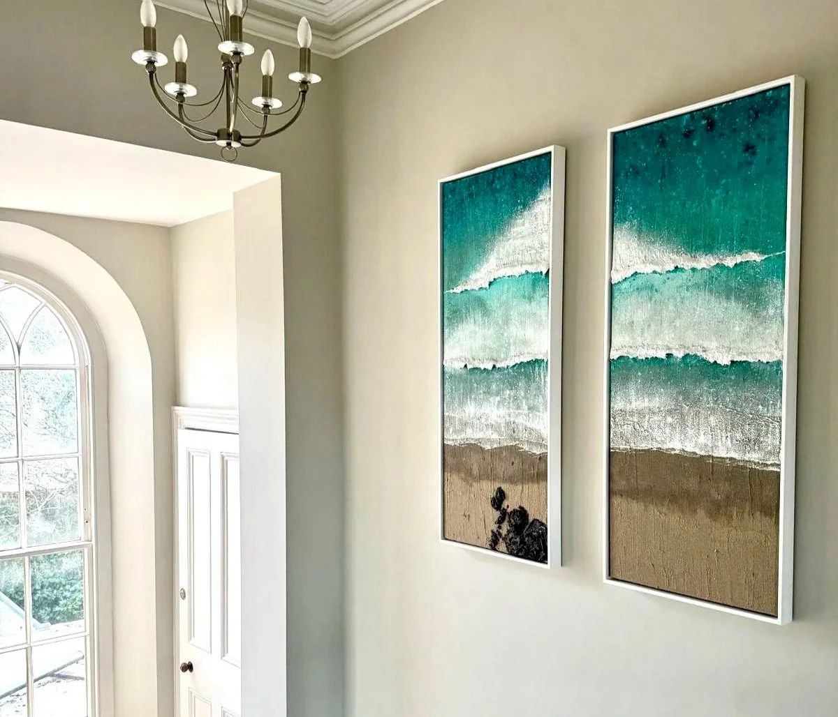 Duo of commissioned textured paintings of Gwithian beach in Cornwall in collectors private home