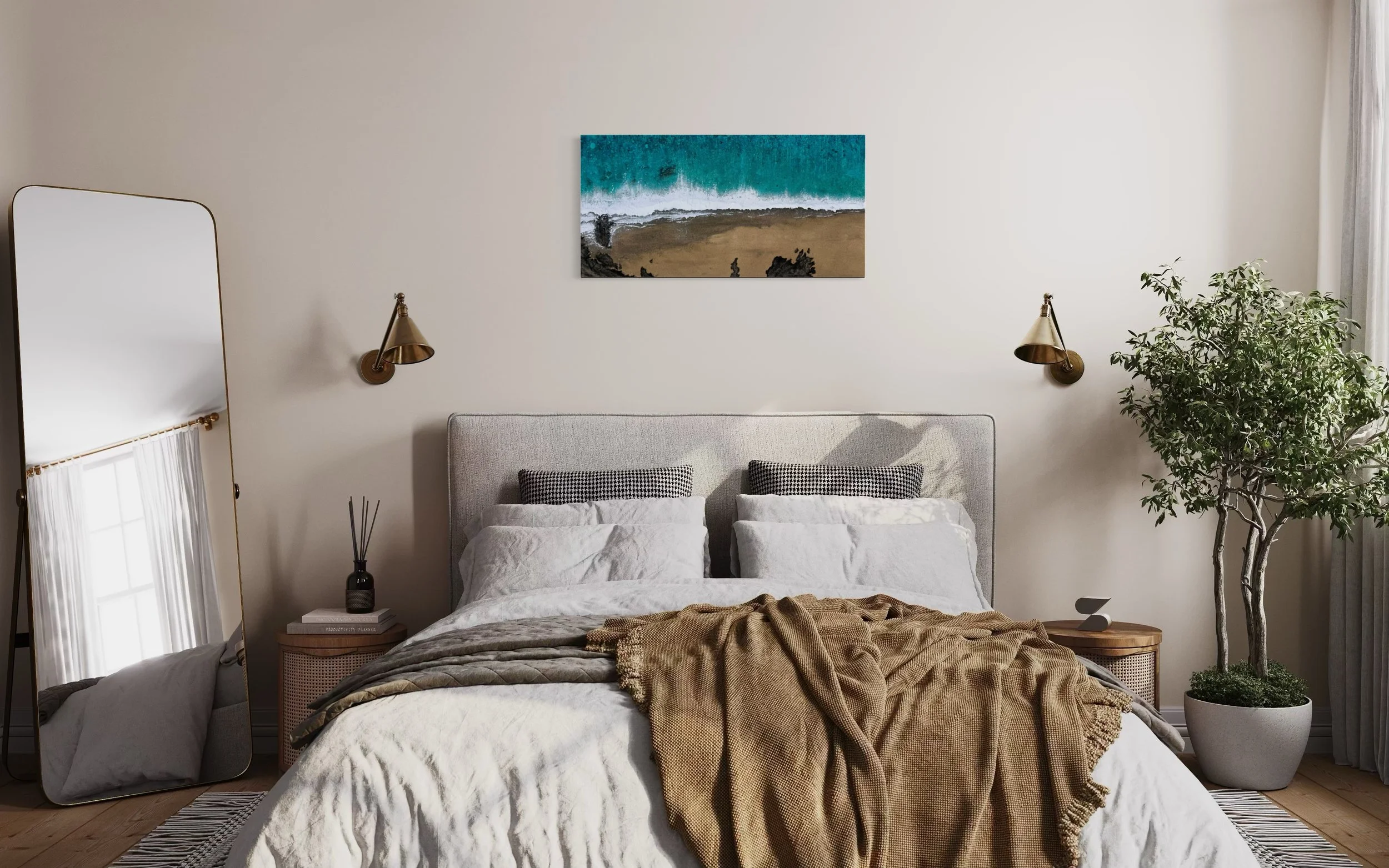 Mother Ivey's Bay canvas print above the bed in a calm neutral bedroom with brass wall lights