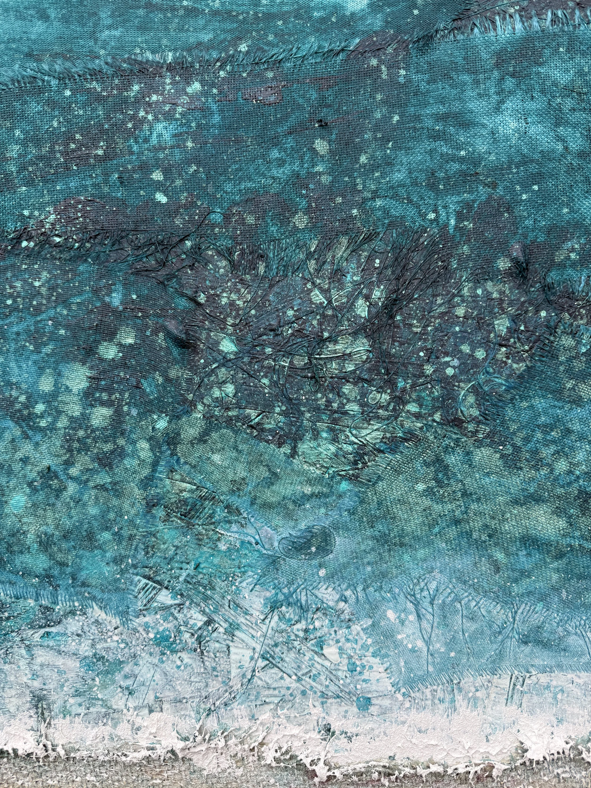 Close-up of silk and surfboard fibreglass ocean texture in The In-Between Hours painting