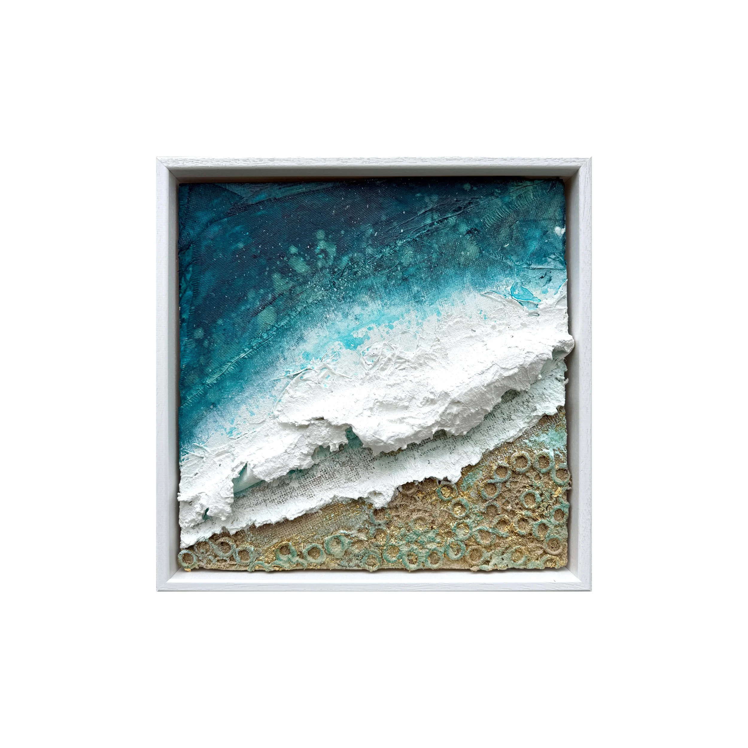 Washed in Gold, an original textured seascape painting of Watergate Bay, Cornwall, with gold leaf and lace doily patterns in the sand, by Gemma Lessinger In situ: Washed in Gold Watergate Bay painting