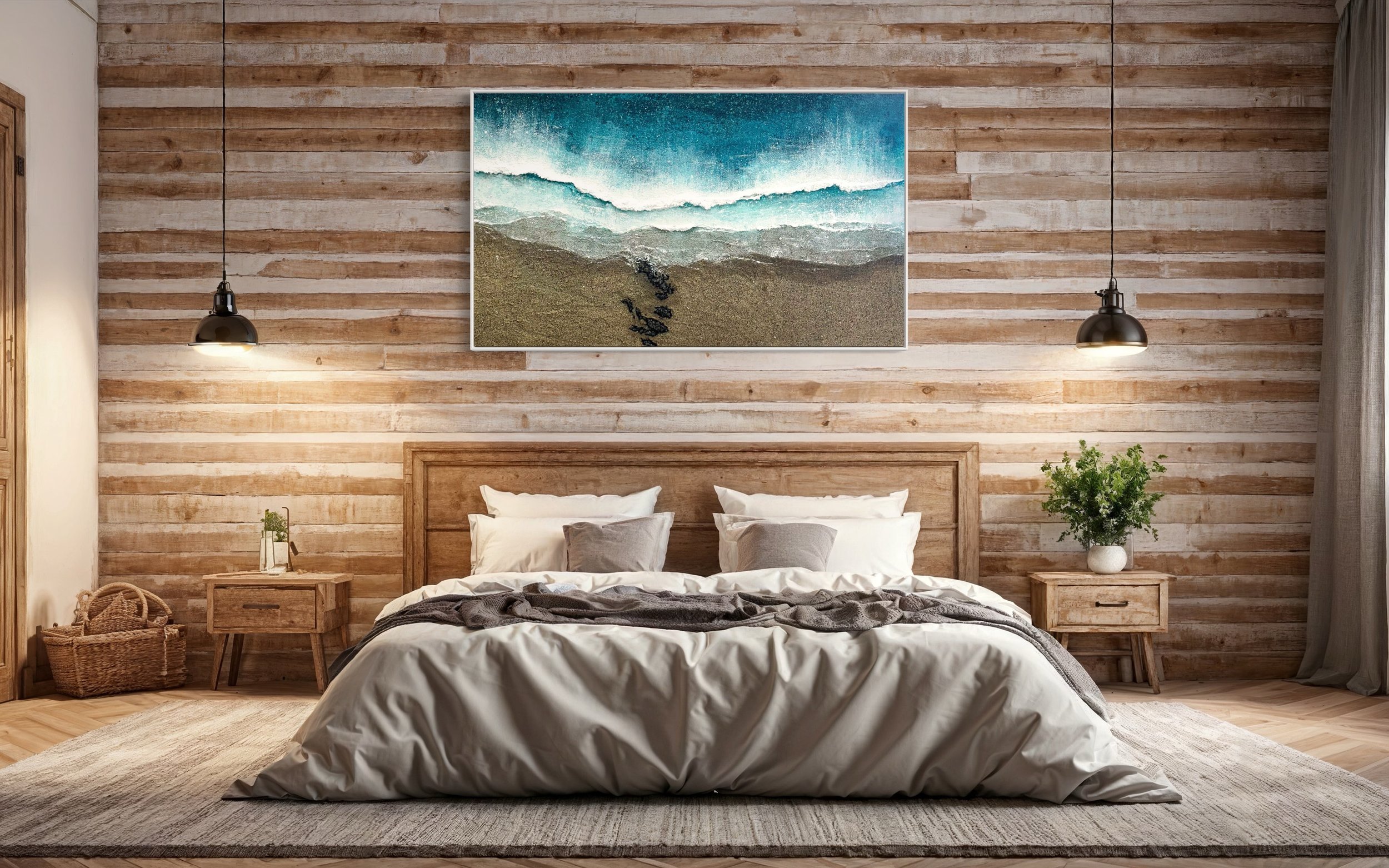Large Gemma Lessinger textured seascape painting shown in a bedroom setting