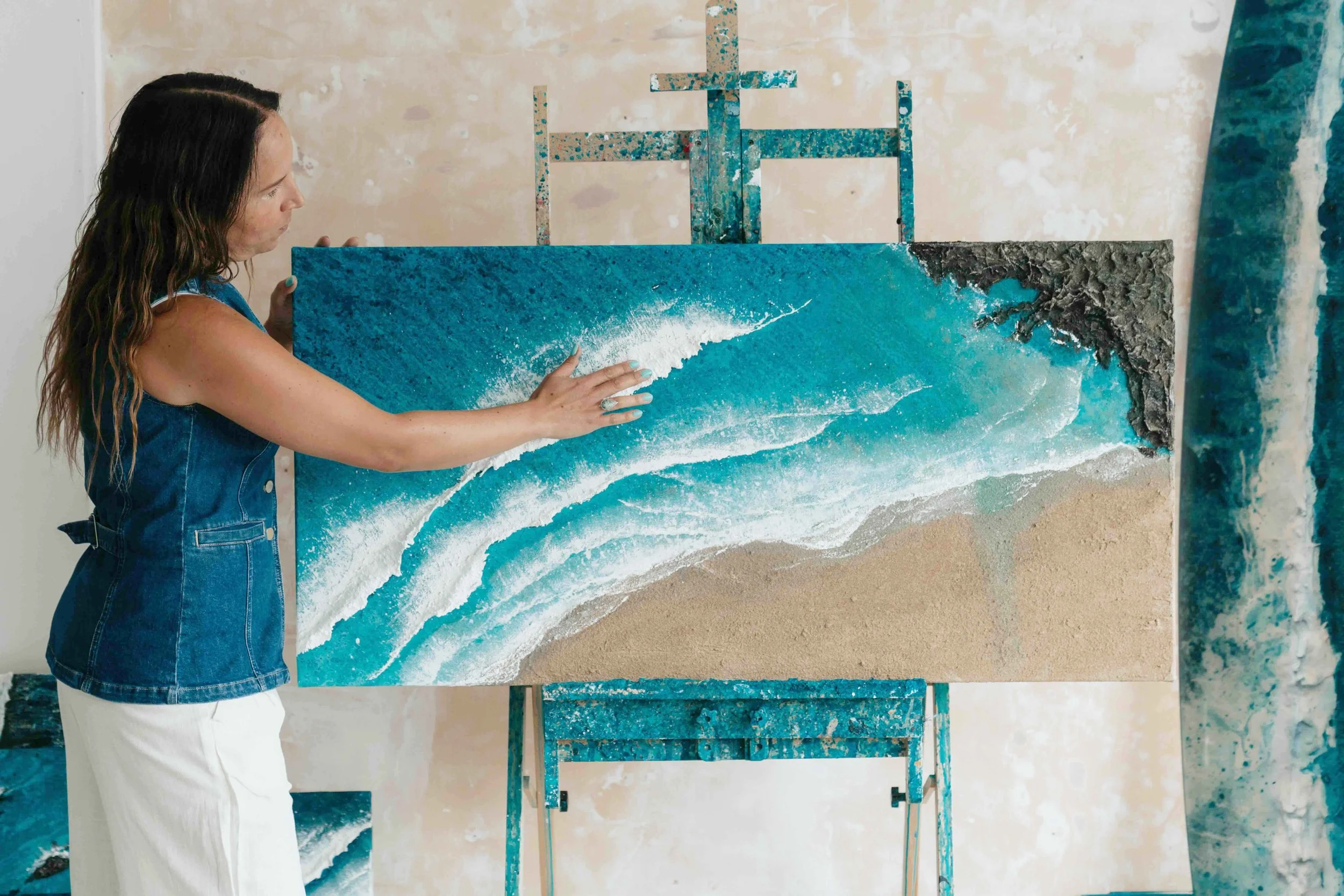 Textured commissioned seascape painting of Mawgan Porth in Cornwall