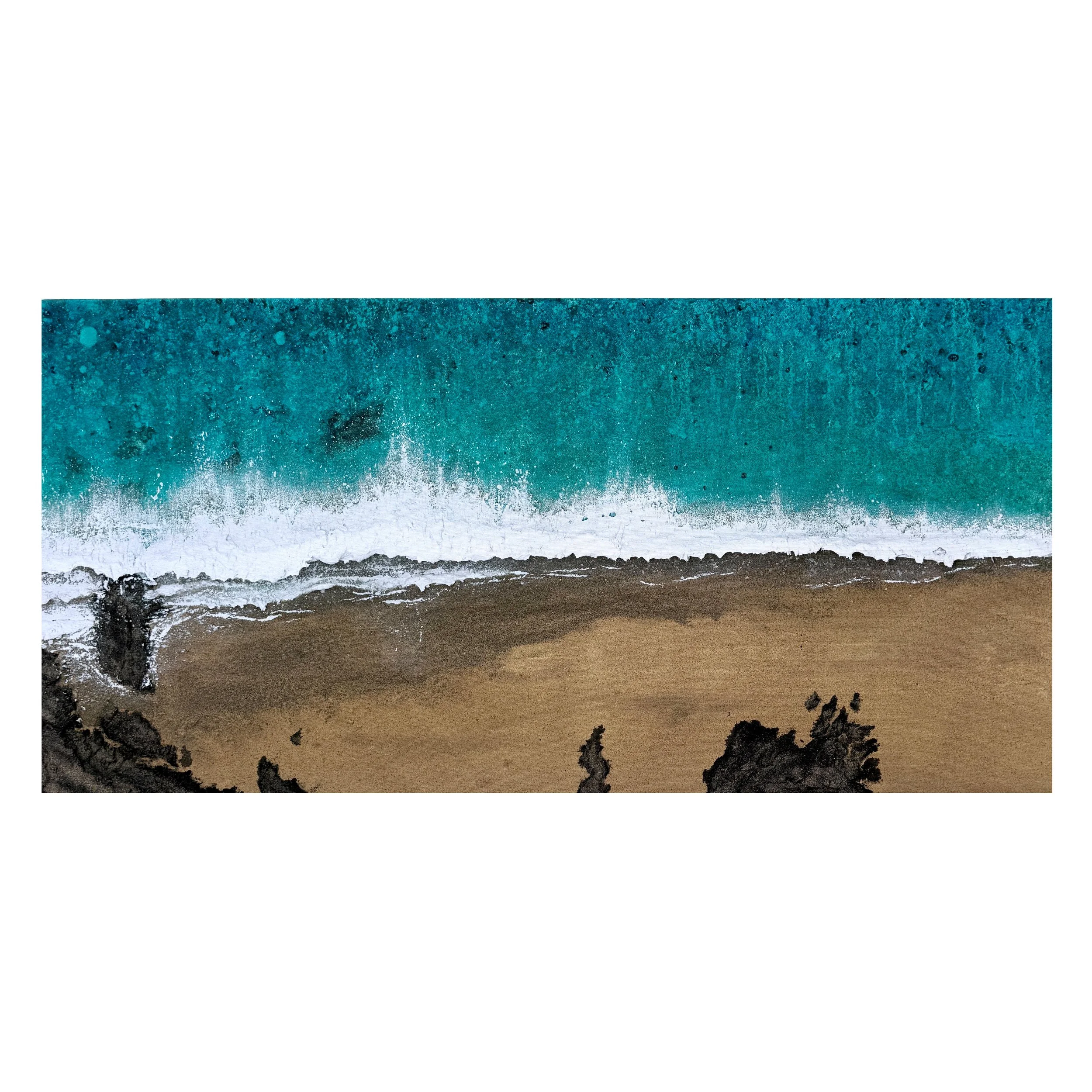 Mother Ivey's Bay Shoreline, panoramic canvas print of turquoise sea, white surf, golden sand and dark rocks near Padstow, Cornwall, by Gemma Lessinger