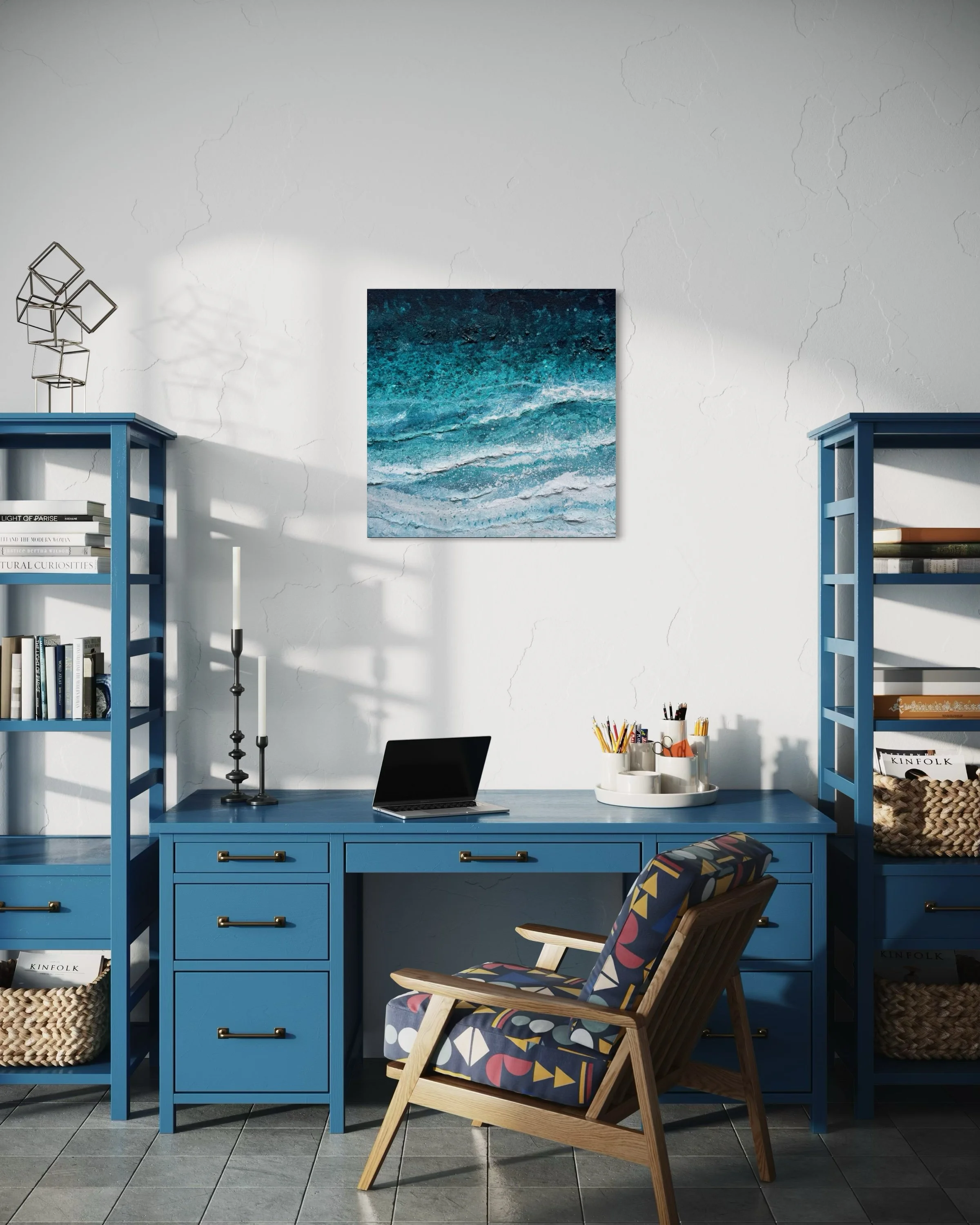 White Water at Fistral canvas print above a blue desk in an office room
