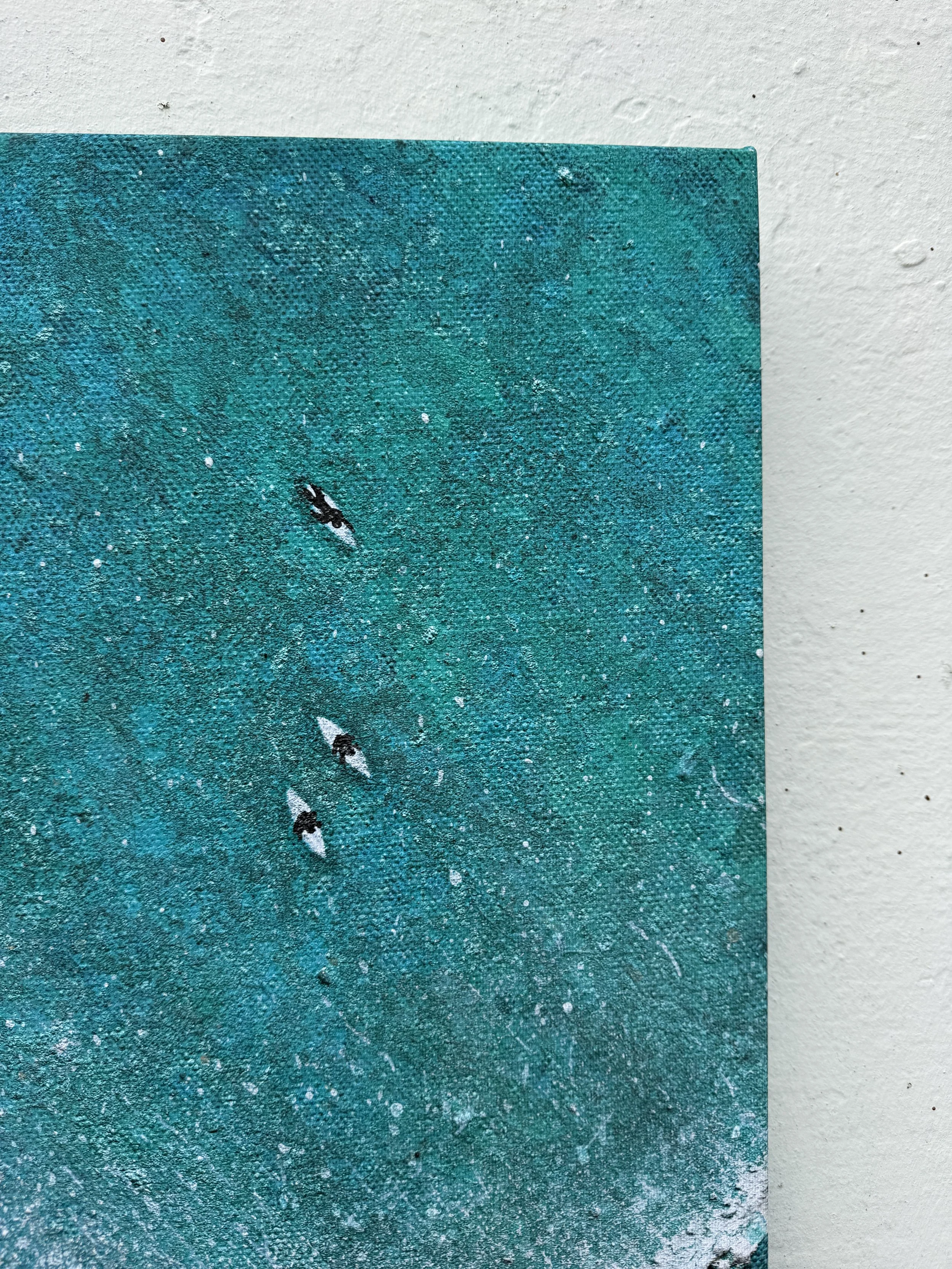 Close up of Top right corner of Summer Swell print, showing surfers in the water