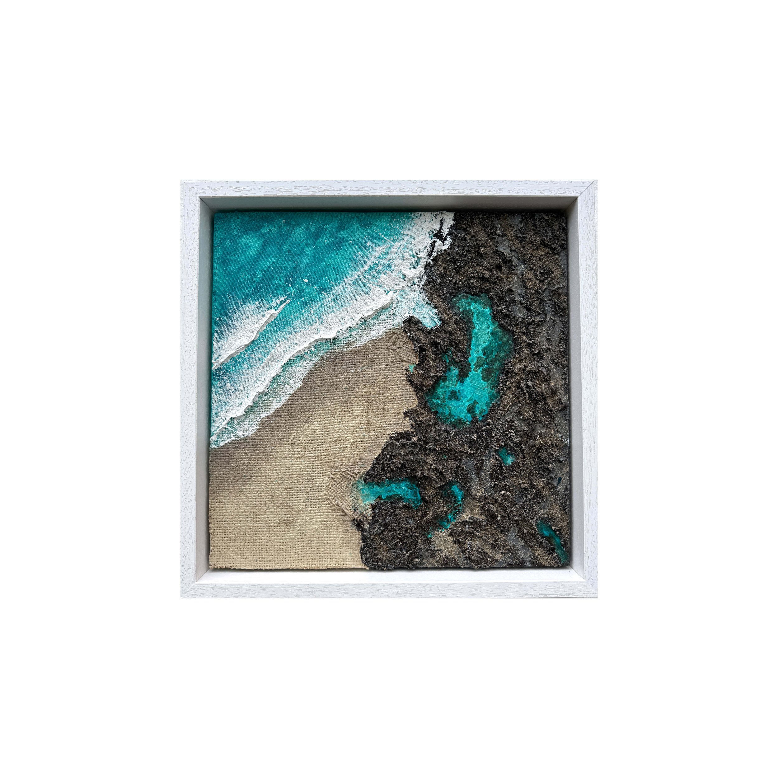 Held by the Rocks, an original textured painting of the natural rock sea pool at Treyarnon Bay, Cornwall, by Gemma Lessinger In situ: Held by the Rocks Treyarnon sea pool painting by Gemma Lessinger,