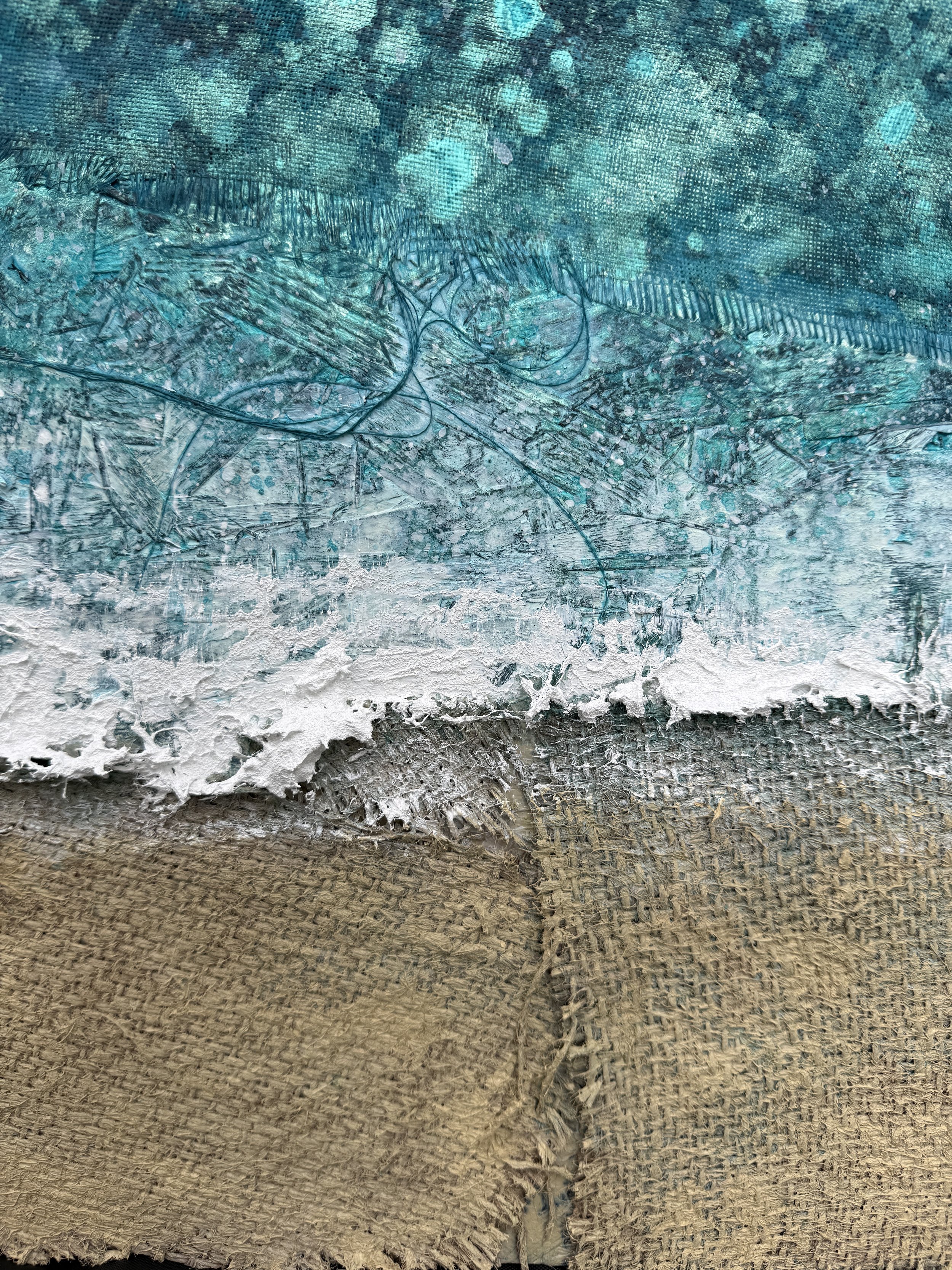 Close-up of coffee bean sack shoreline texture in The In-Between Hours Daymer Bay painting