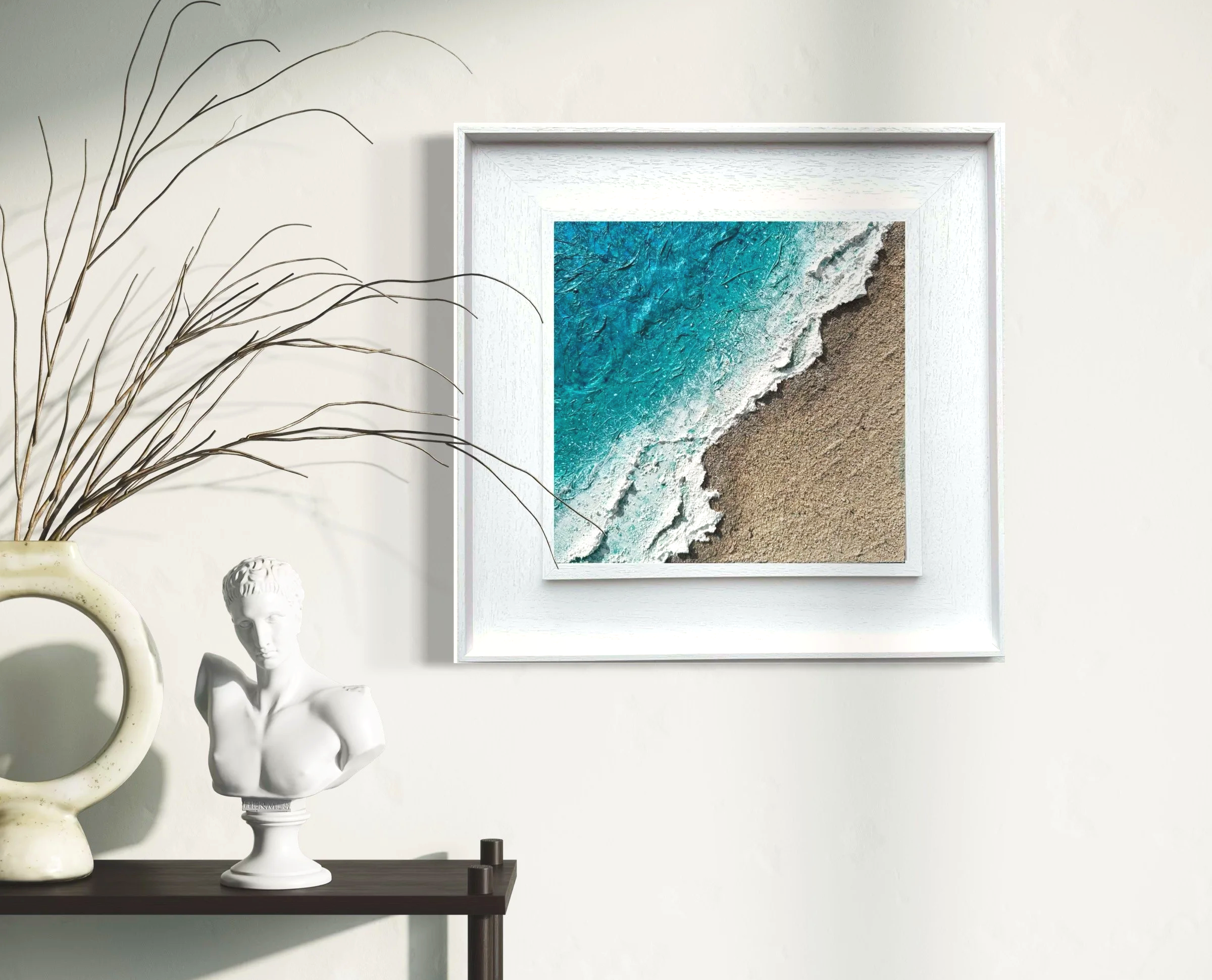 Textured seascape painting of Harlyn beach in Cornwall shown in situ