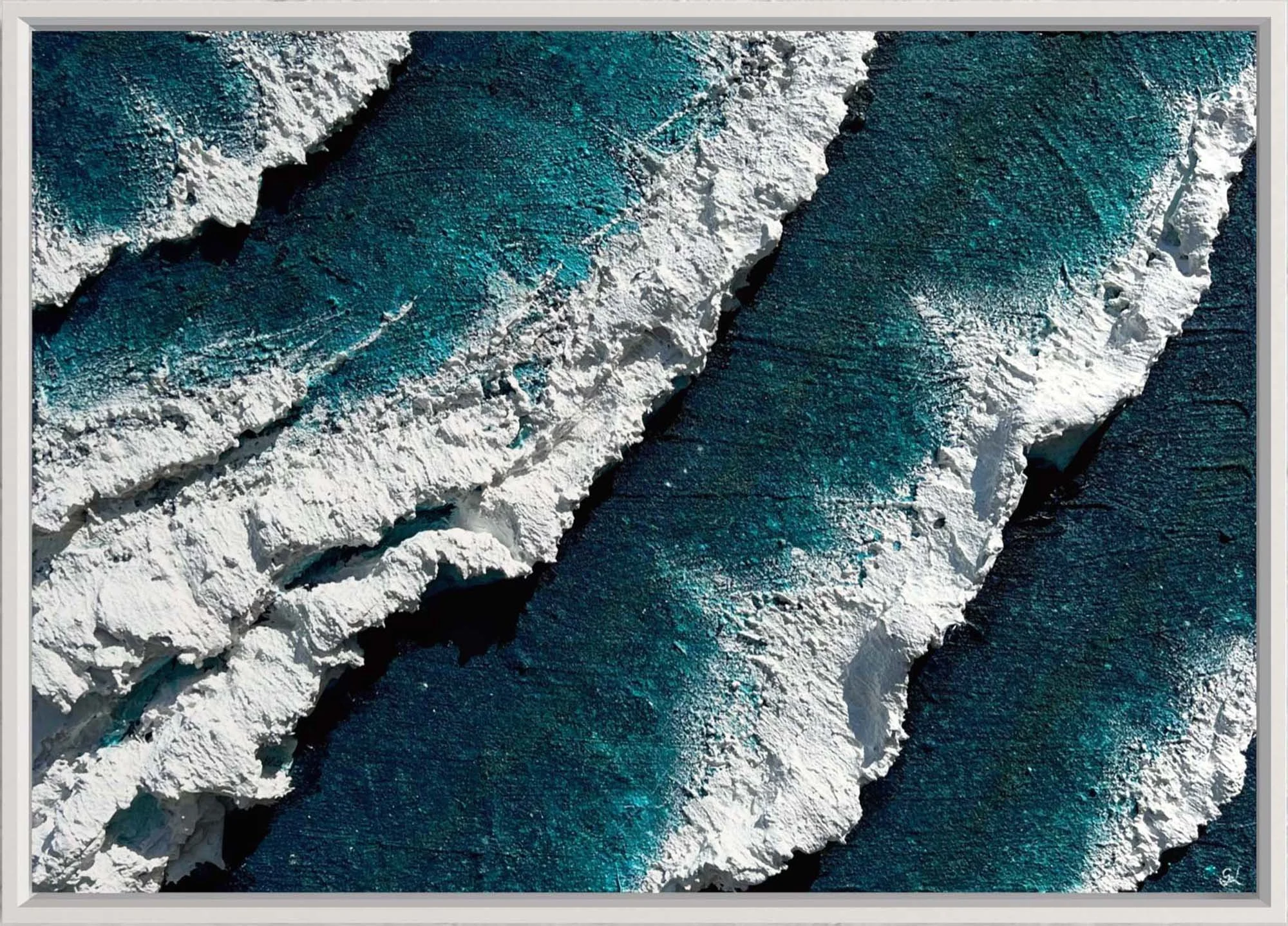 Heavily textured wave painting of waves breaking at Polzeath by Cornwall Seascape Artist Gemma Lessinger