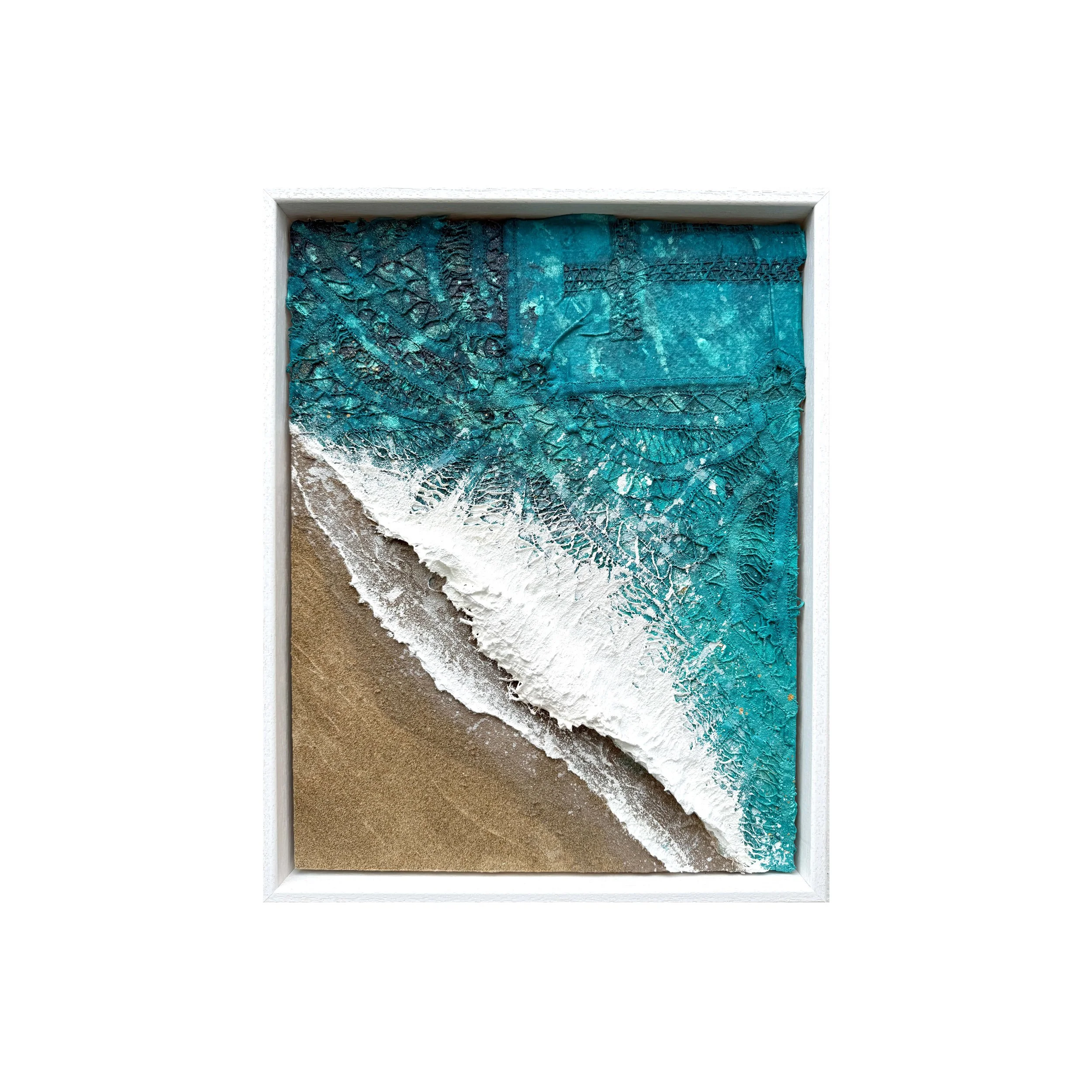 Woven in the Waves II, an original textured lace seascape painting of Porthmeor Beach, St Ives, Cornwall, by Gemma Lessinger