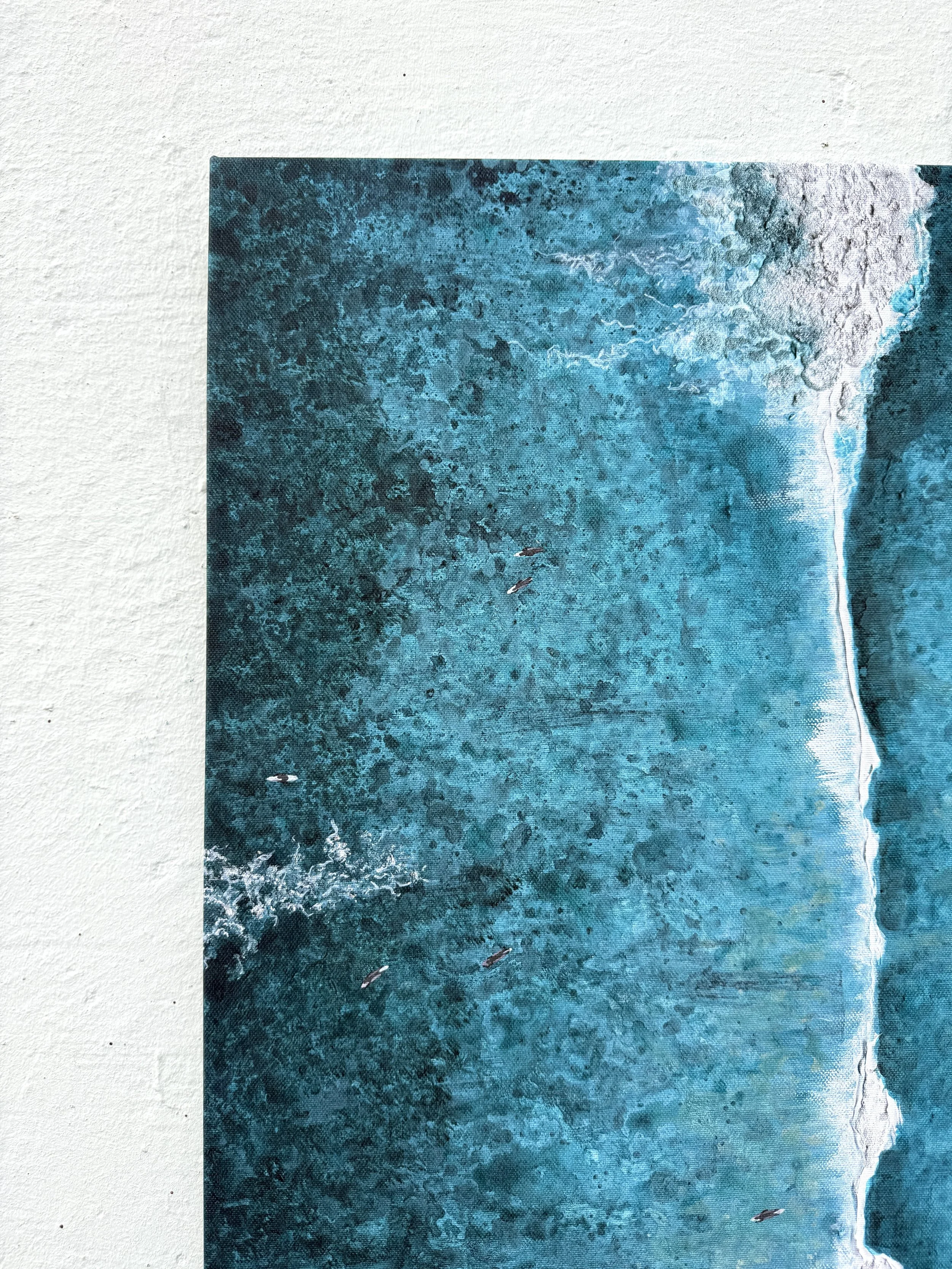 Close-up of the top left corner of the printed sea texture on the Paddle Out canvas