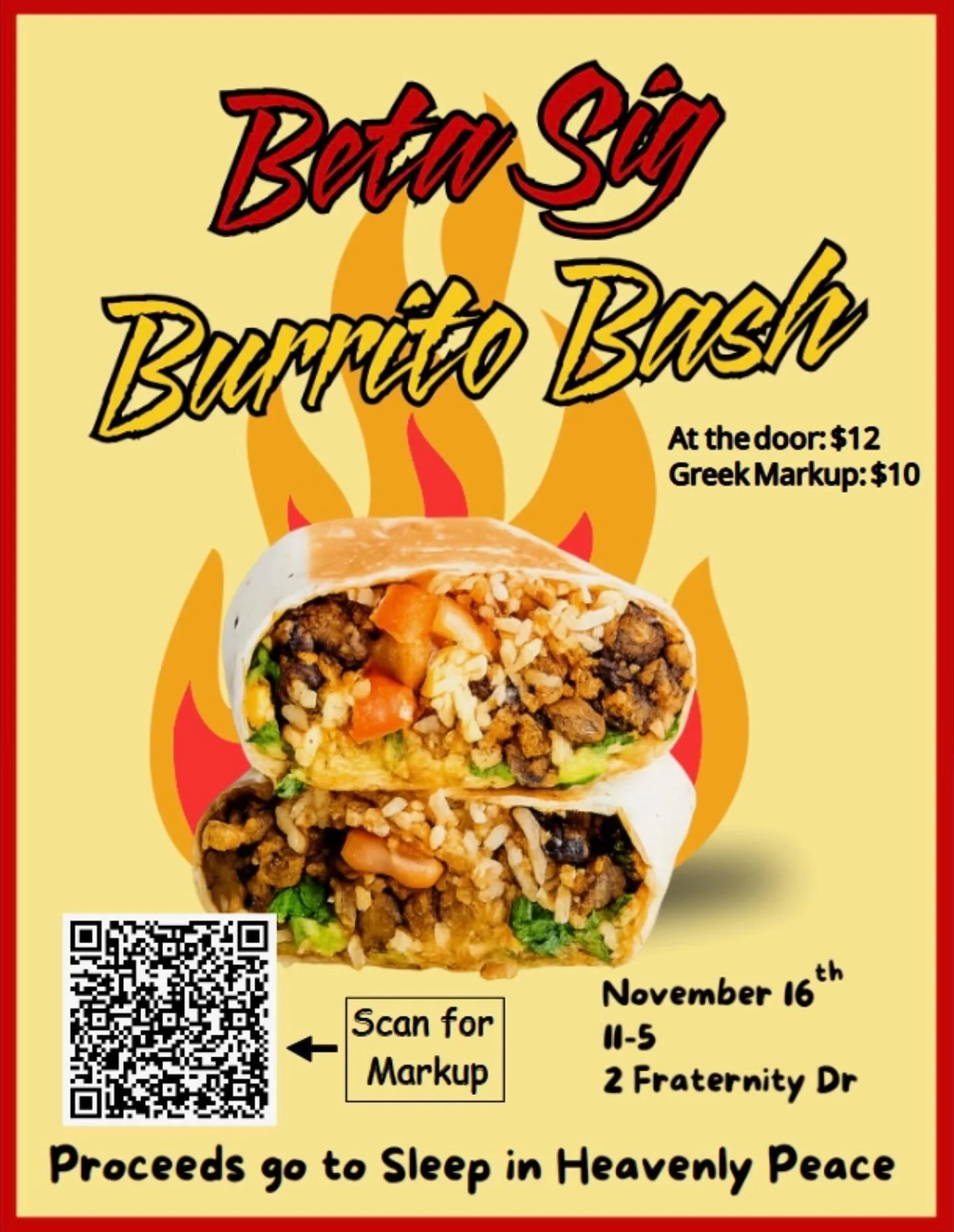 Come on out to Beta Sig&rsquo;s Burrito Bash! We will be servicing up your favorite burritos this Sunday from 11am to 5pm. See you there!