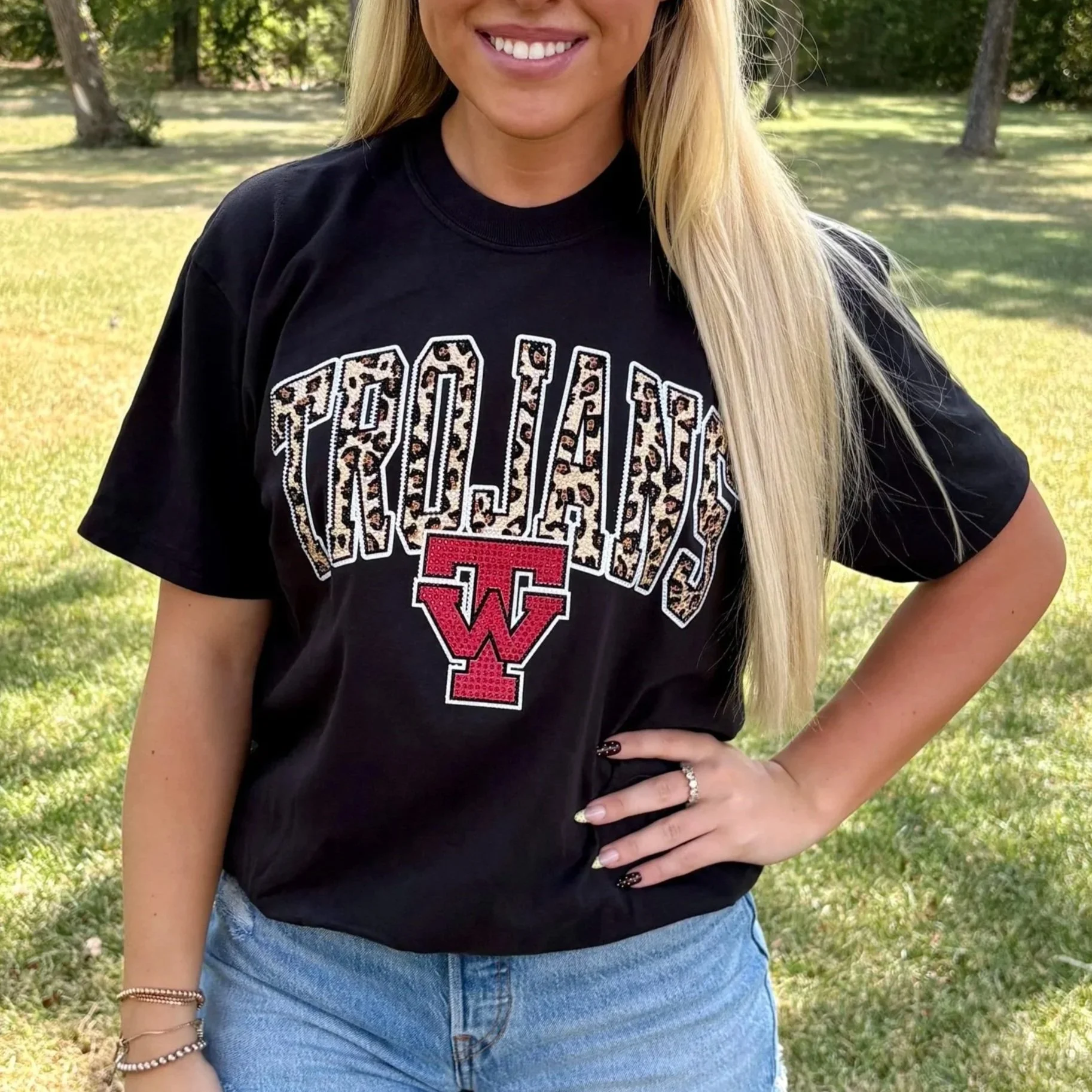 Trojans Cheetah Rhinestone Tee