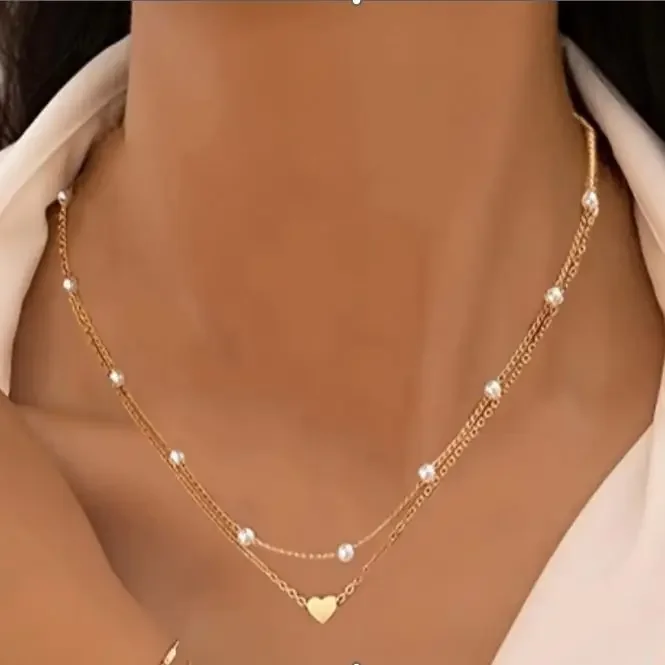 GOLD HEART LAYERED BEADED NECKLACE