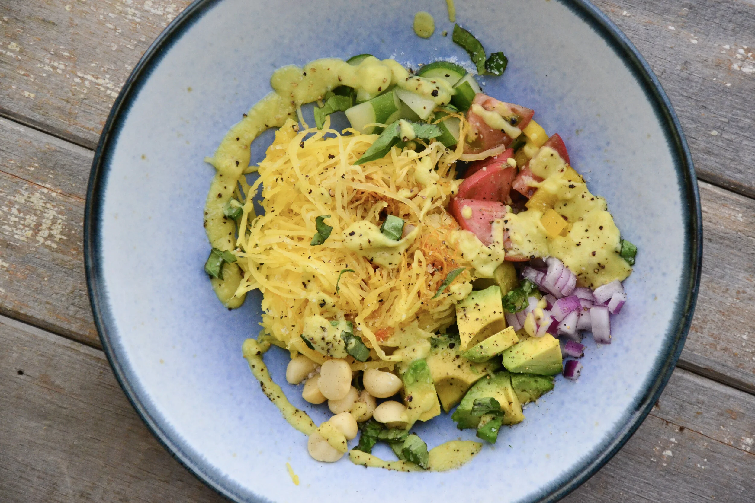 Warm Spaghetti Squash Dinner with Creamy Avocado Sauce