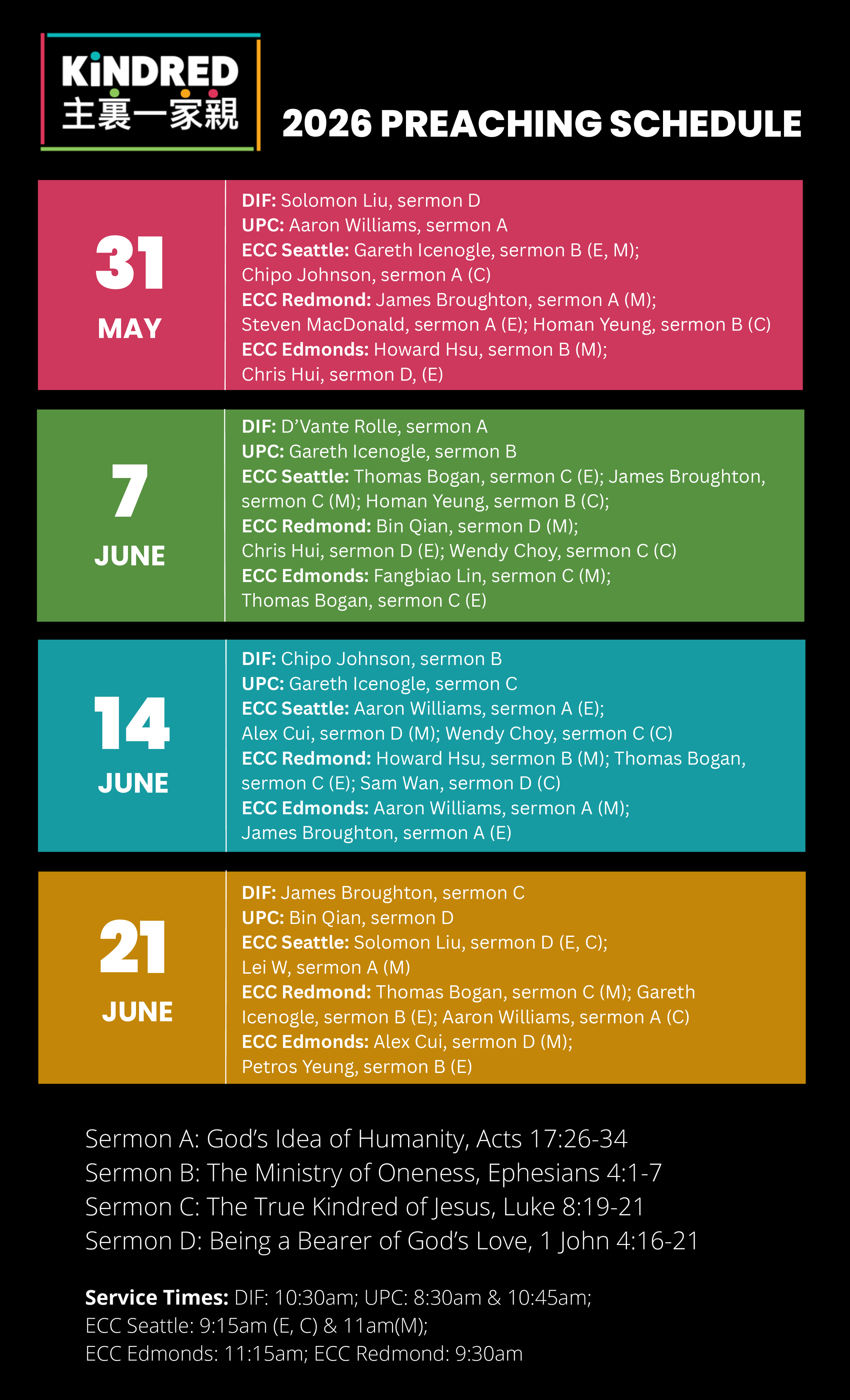 Preaching schedule for all campuses participating in Kindred 2026