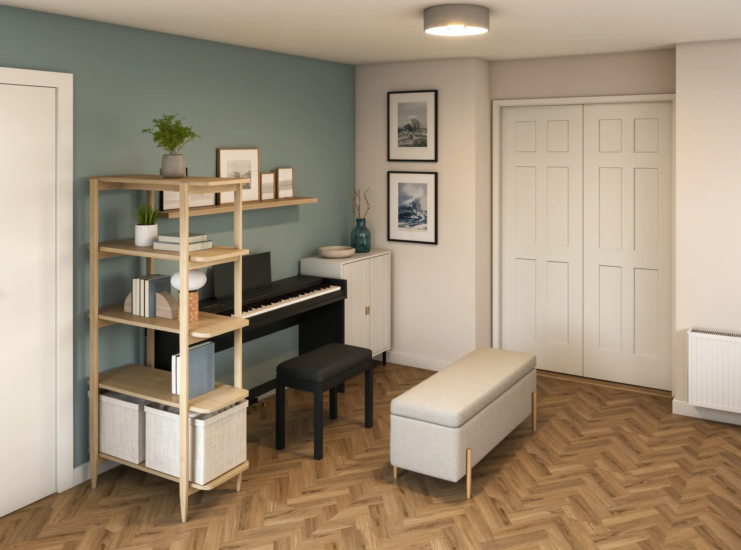 Scandinavian-inspired music corner with digital piano, open oak shelving, storage bench and blue-green walls.