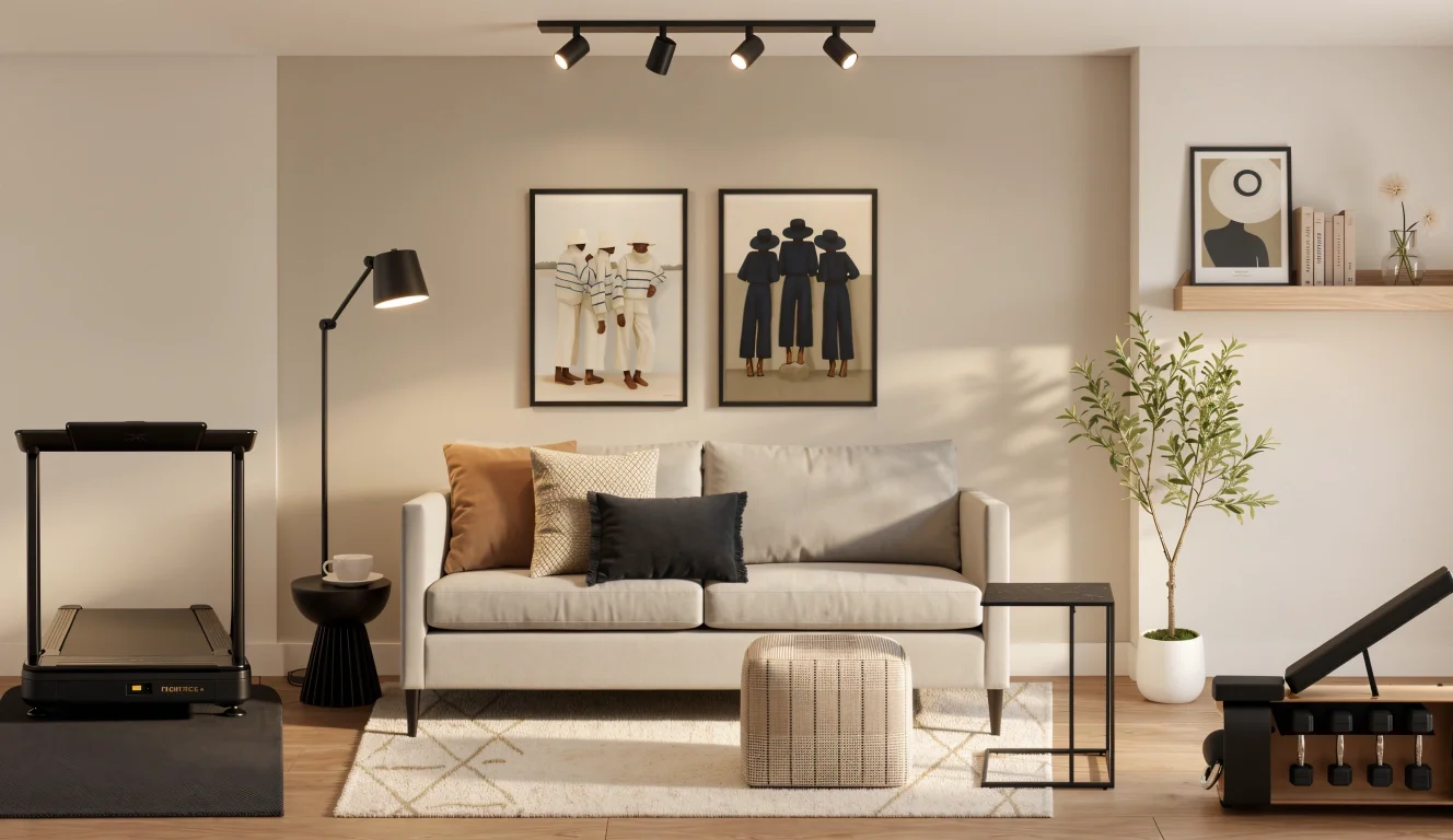 Multi-purpose living room and home gym with neutral styling, compact fitness equipment and contemporary artwork