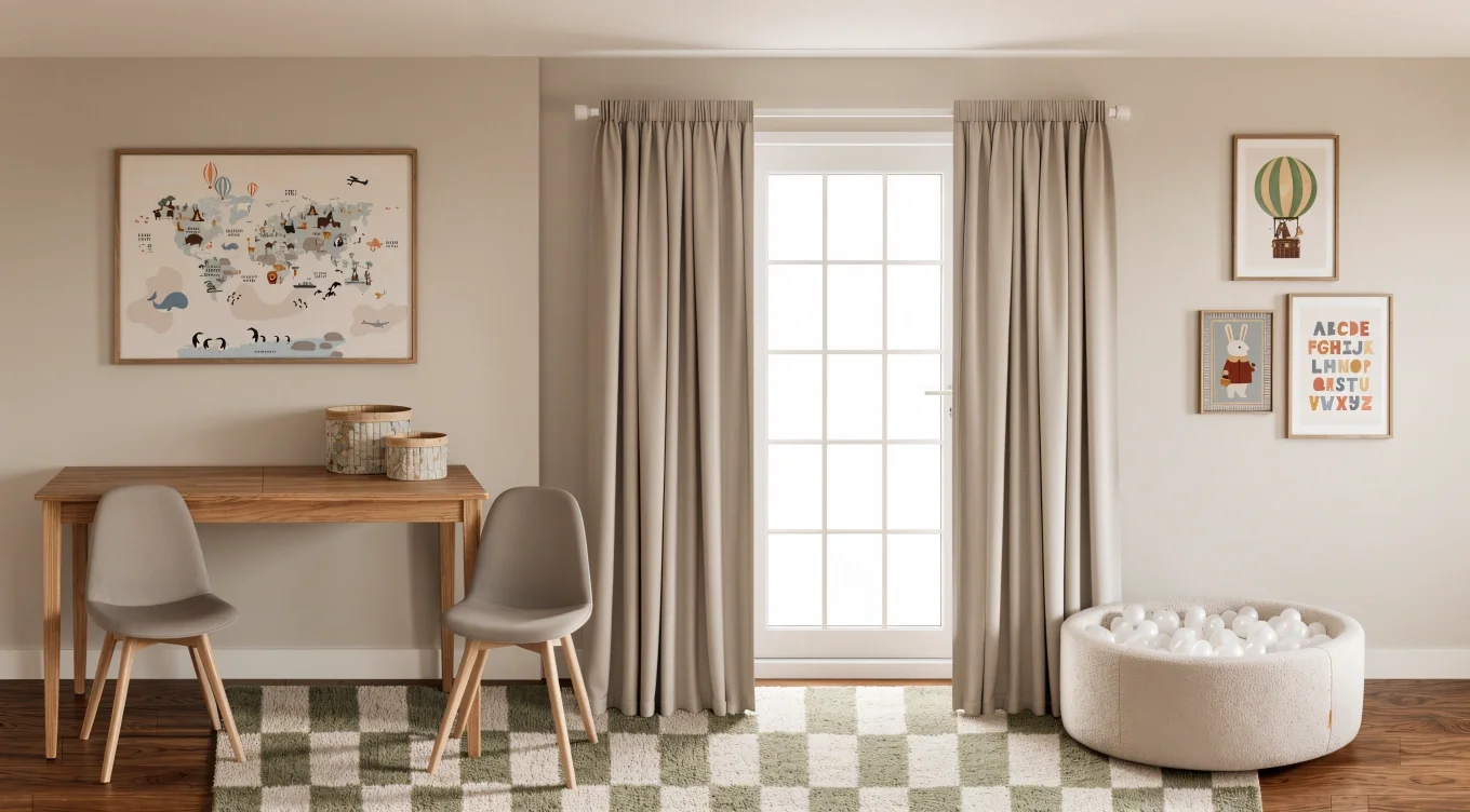 Neutral kids playroom with soft green accents, activity zone, toy storage and craft table