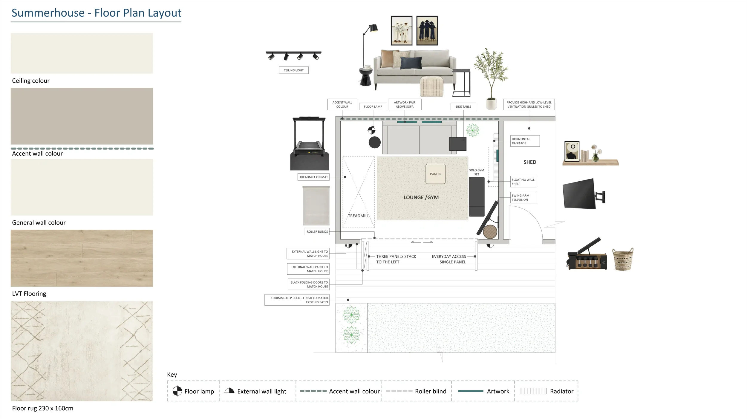 Multi-purpose living room and home gym layout