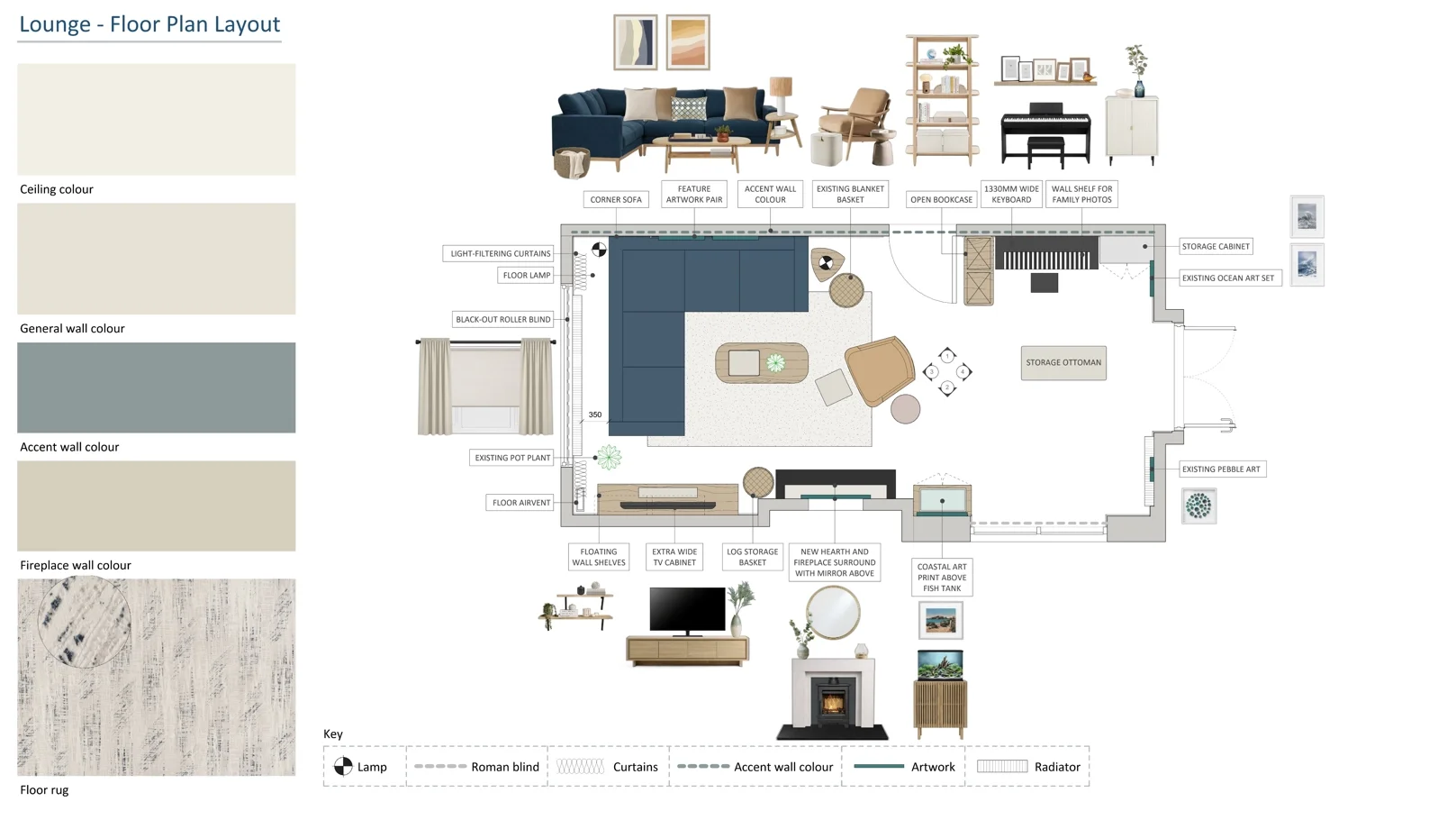 Scandinavian living room design board featuring navy blue sofa, pale oak furniture, blue-green walls and warm neutral textures.