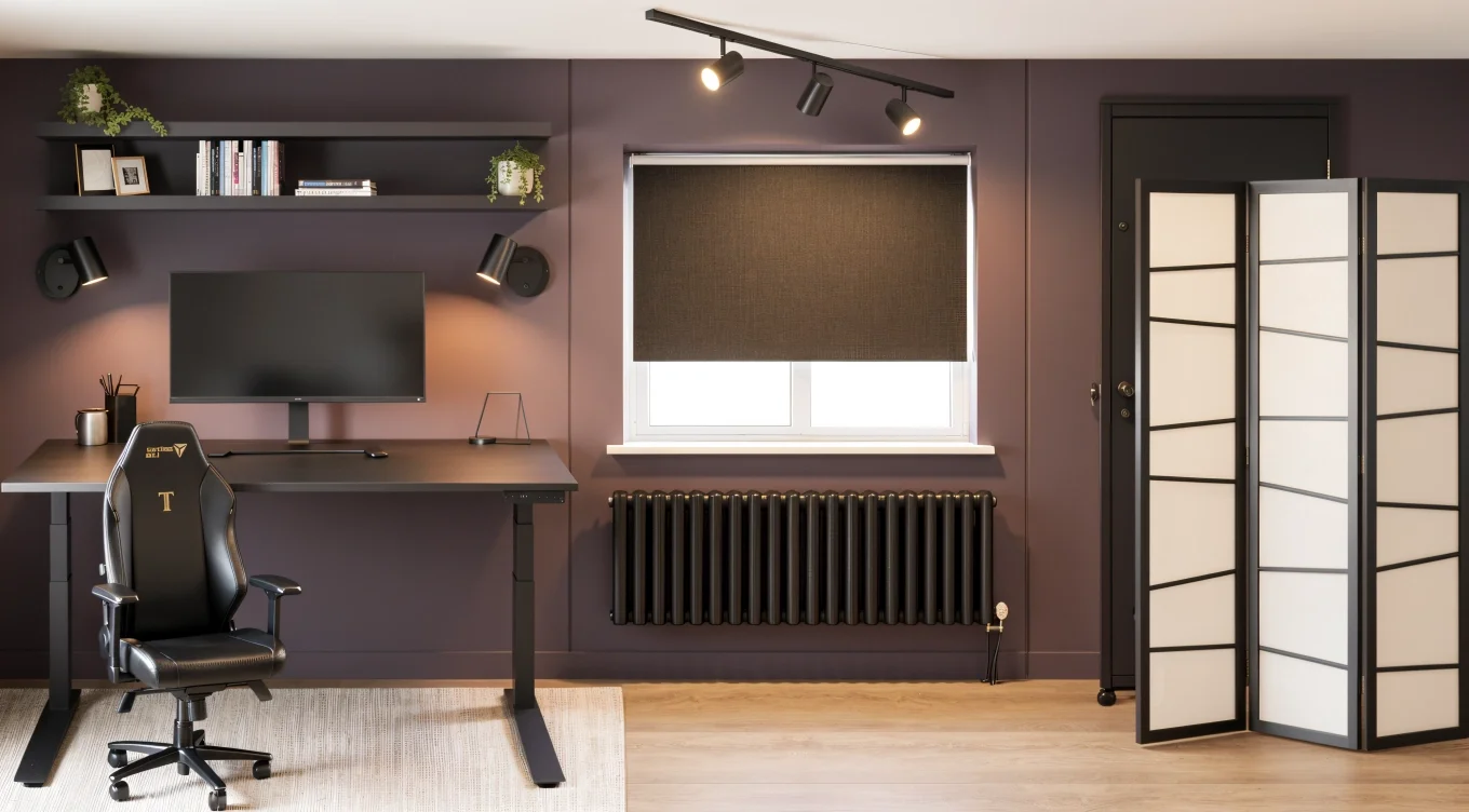 Dark modern home office with gaming chair