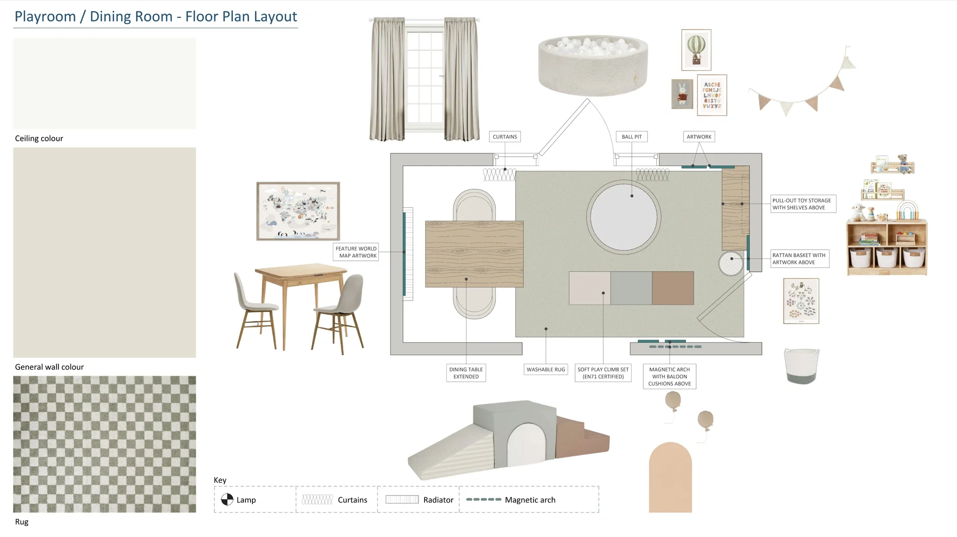 Neutral kids playroom with soft green accents, activity zone, toy storage and craft table