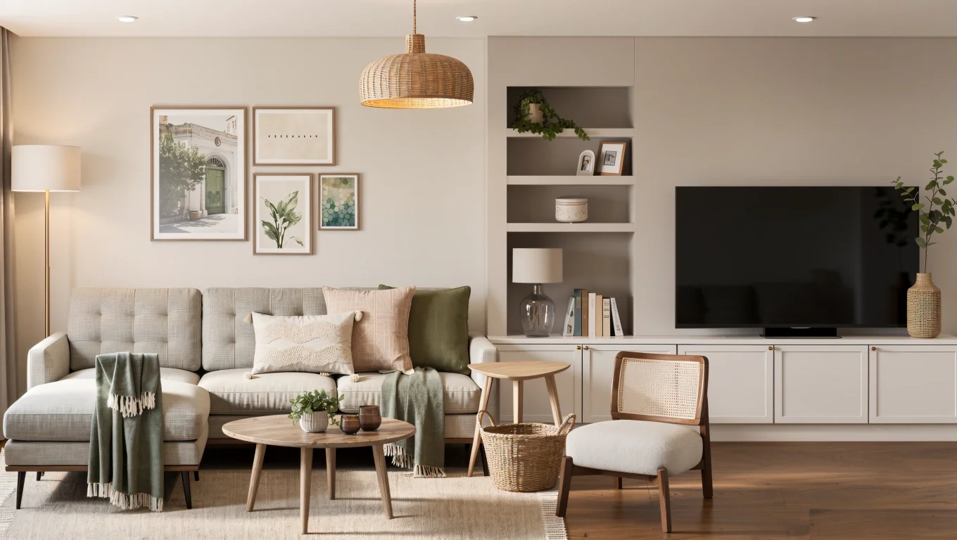 Soft Scandinavian living room with cream sectional, oak furniture and built-in TV storage