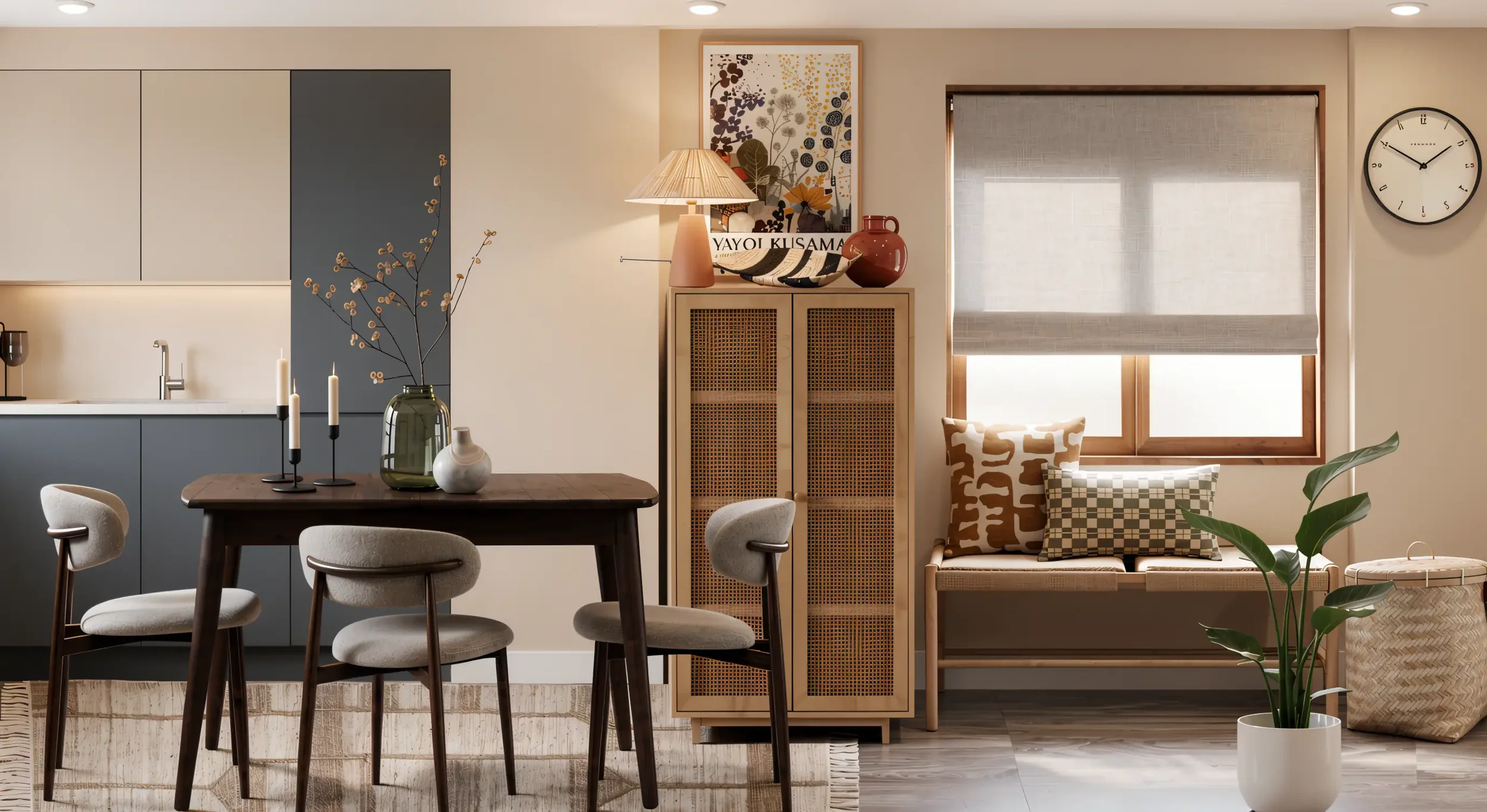 Mid-century inspired open-plan dining area featuring a dark wood dining table, upholstered chairs, rattan storage cabinet, cosy window bench and eclectic artwork.