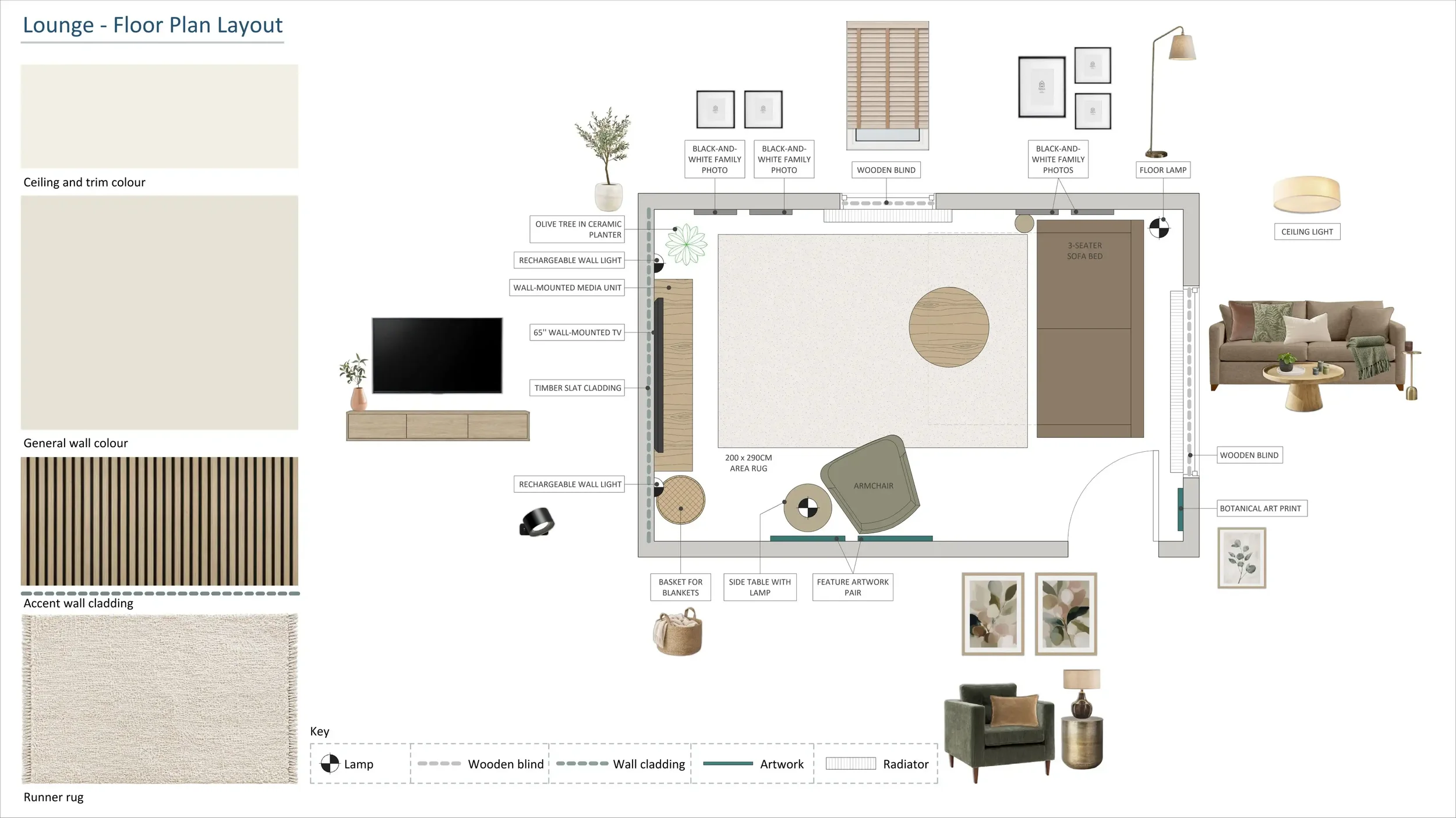 Autumn Layers living room design board featuring a furniture layout, warm neutral colour palette, timber-slat feature wall and natural textures.