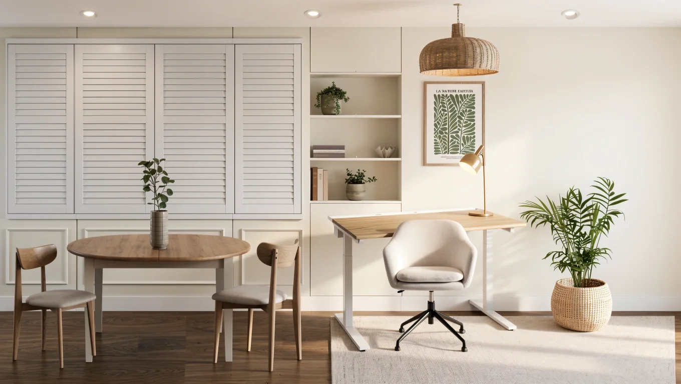 Light open-plan dining area with pale oak table, neutral chairs and woven pendant