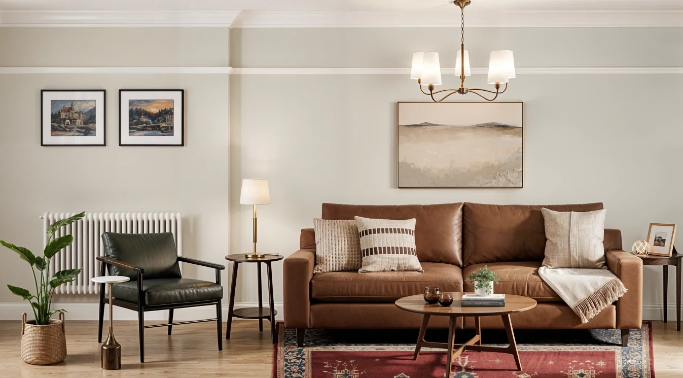 Warm transitional living room with leather sofa, vintage rug and walnut furniture