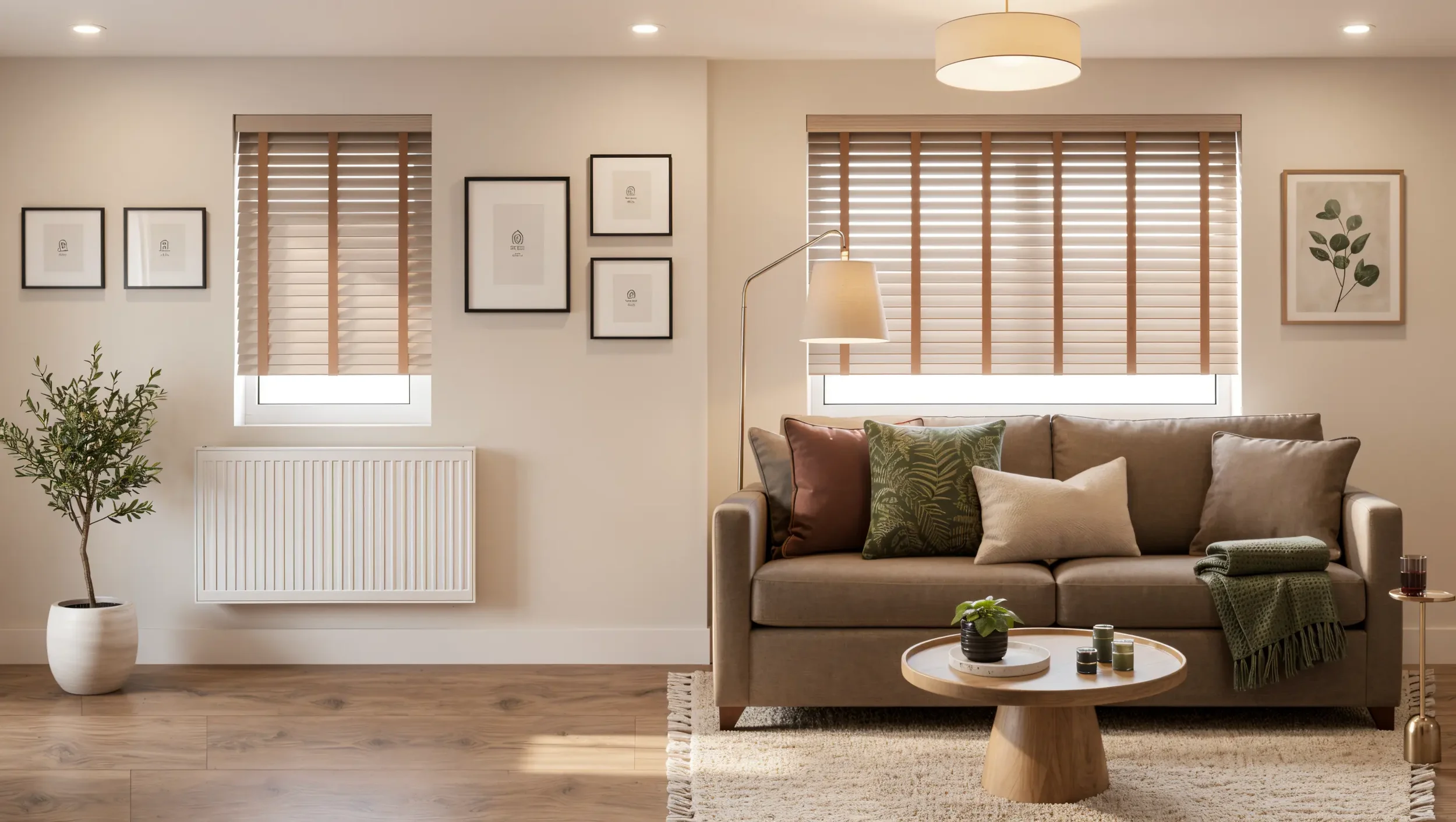 Warm and inviting living room with a taupe sofa, earthy accent cushions, wooden Venetian blinds, oak coffee table and layered natural textures.