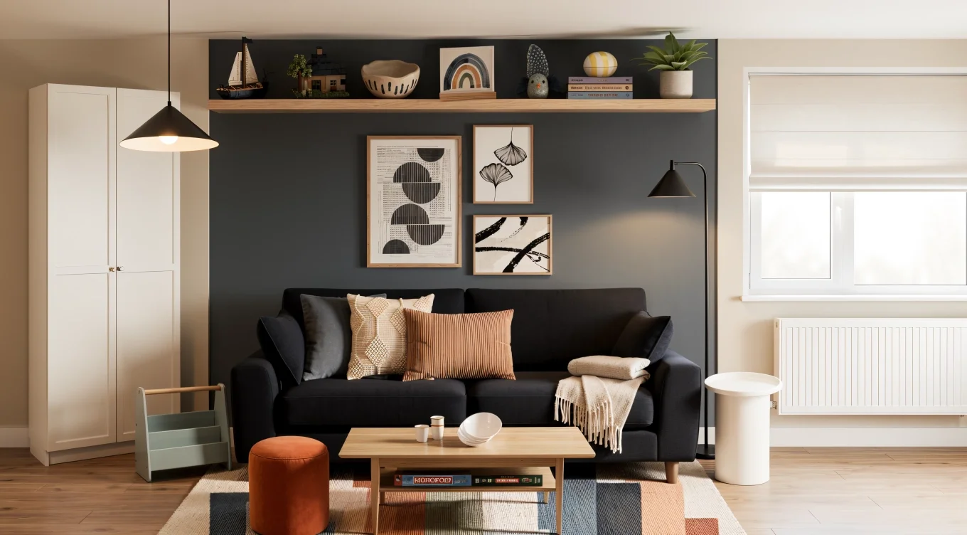 Tween study and play room with navy sofa, blue-grey walls and colourful geometric rug