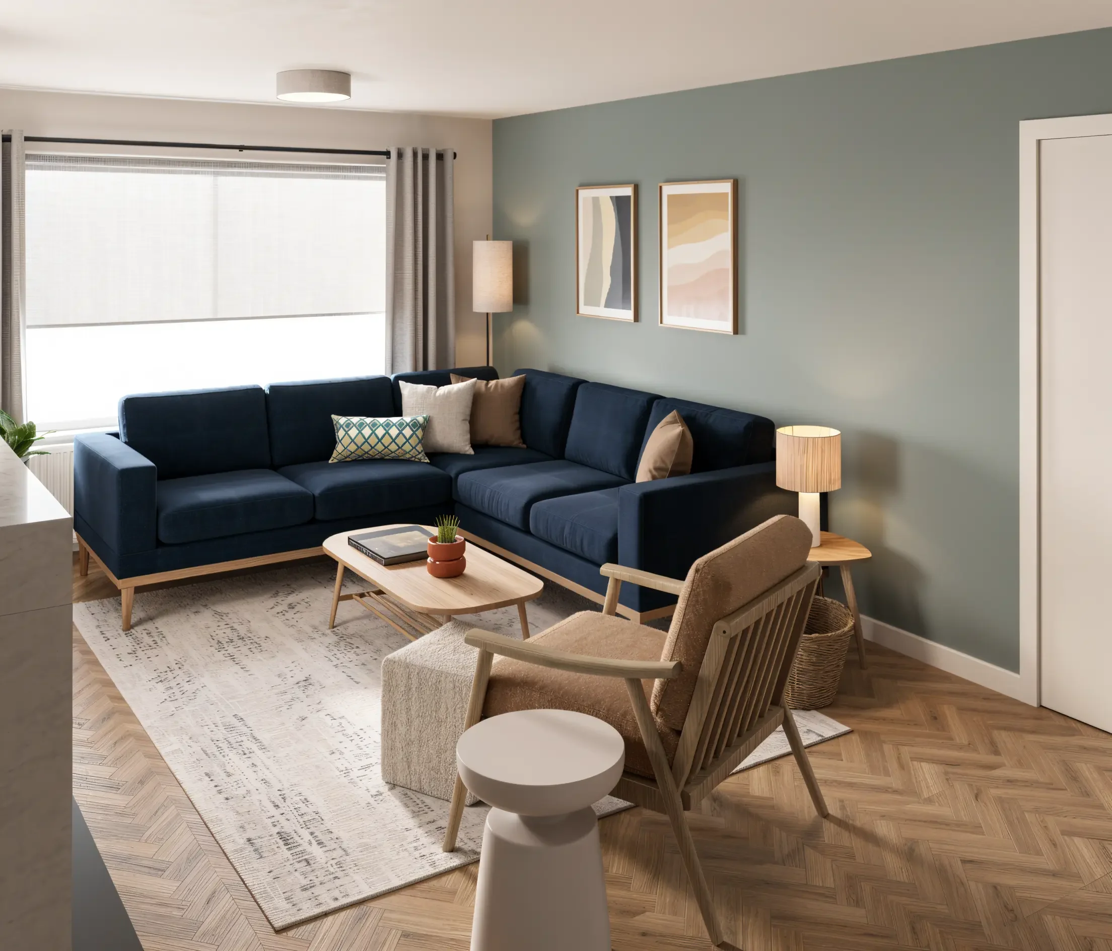 Scandinavian living room with navy corner sofa, oak coffee table, accent armchair and muted blue-green feature wall.