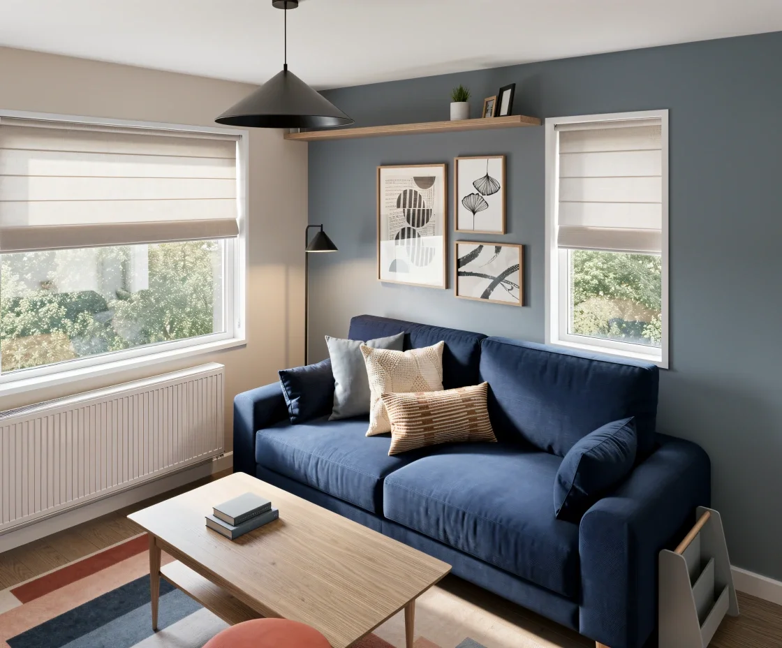 Cosy teen lounge with navy sofa, oak shelving, graphic artwork and neutral blinds