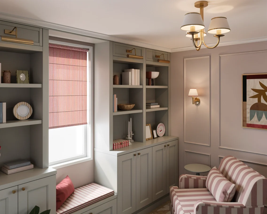 Traditional living room with sage built-in shelving, window seat and striped armchair