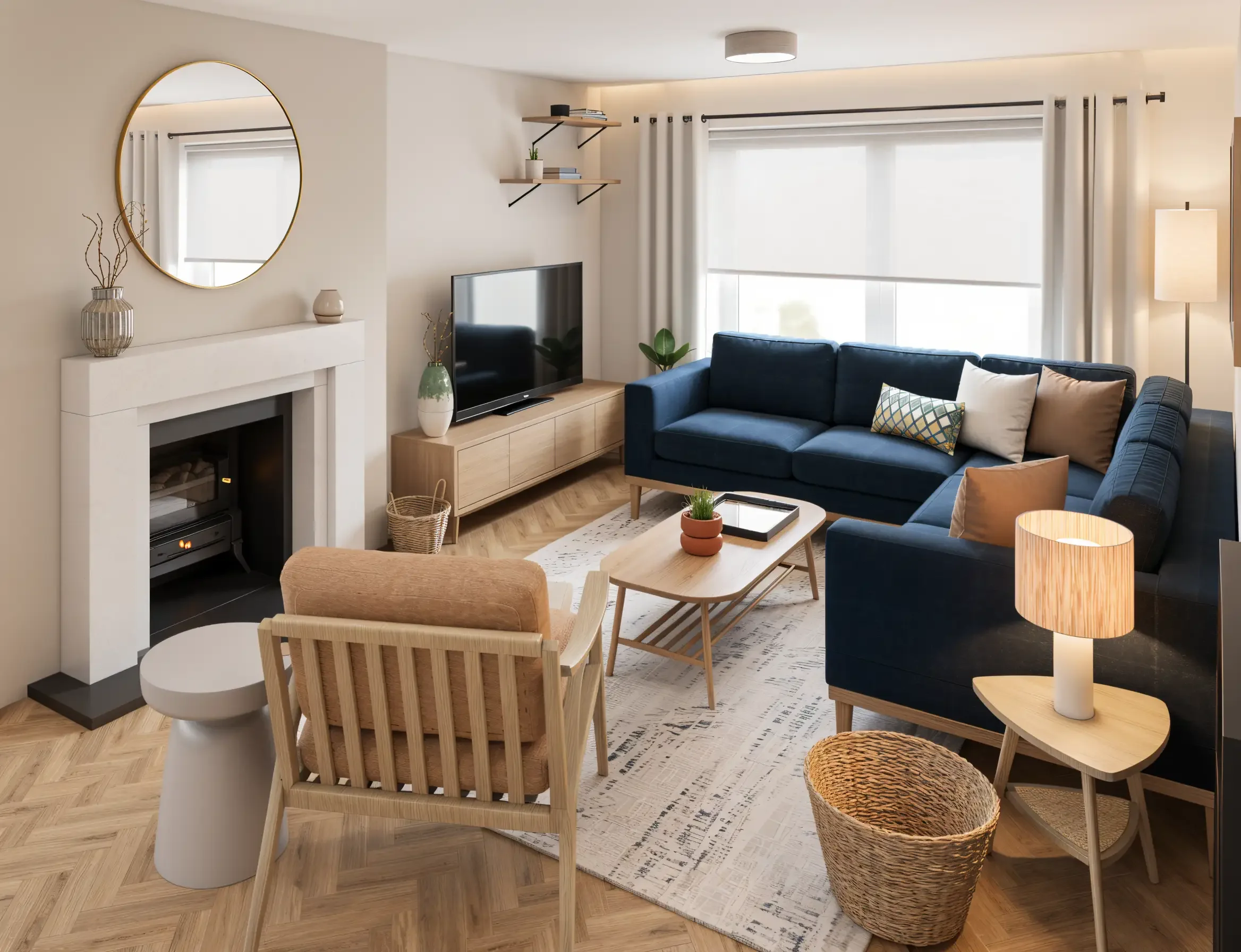 Contemporary living room featuring navy corner sofa, oak TV cabinet, neutral armchair and traditional fireplace.