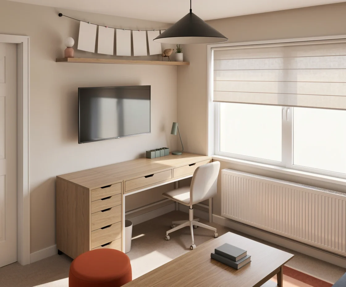 Multi-purpose tween room with storage, display shelving, terrarium and study area