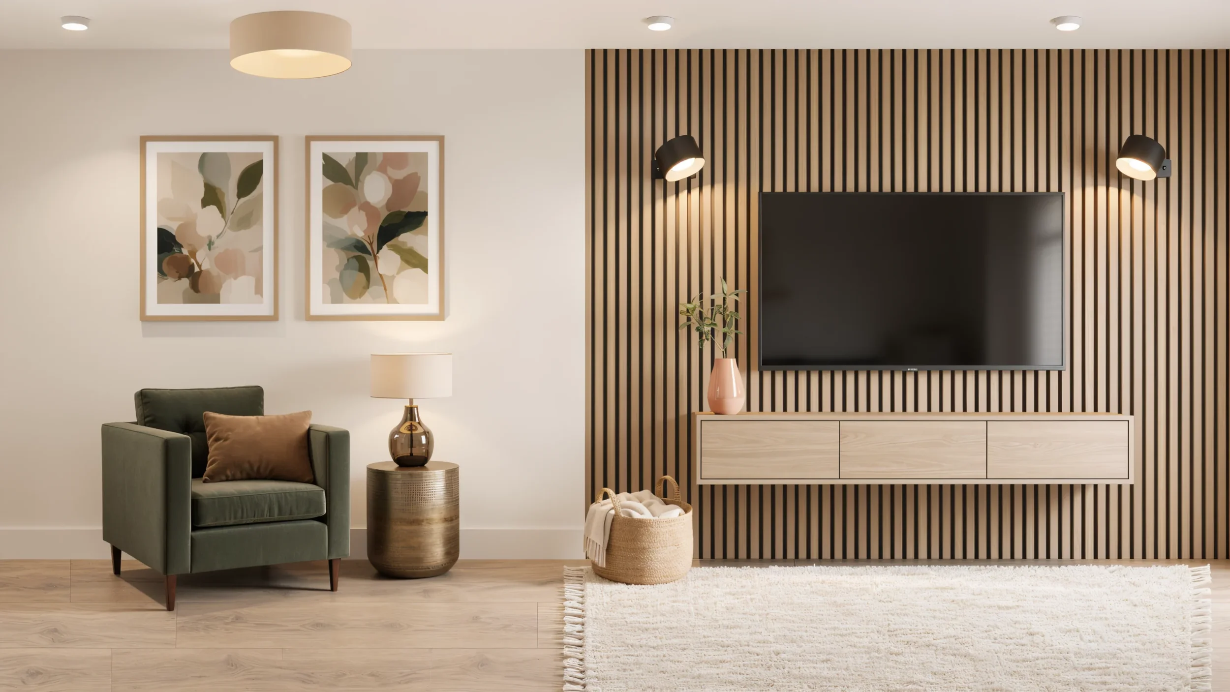 Contemporary living room featuring a timber-slat TV wall, floating oak cabinet, olive green armchair and botanical artwork.