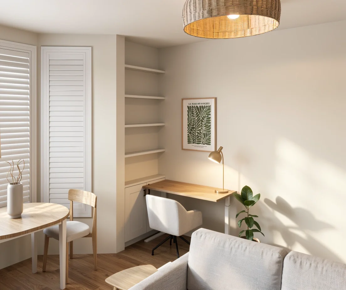 Scandinavian-inspired home office with oak desk, white chair and natural greenery
